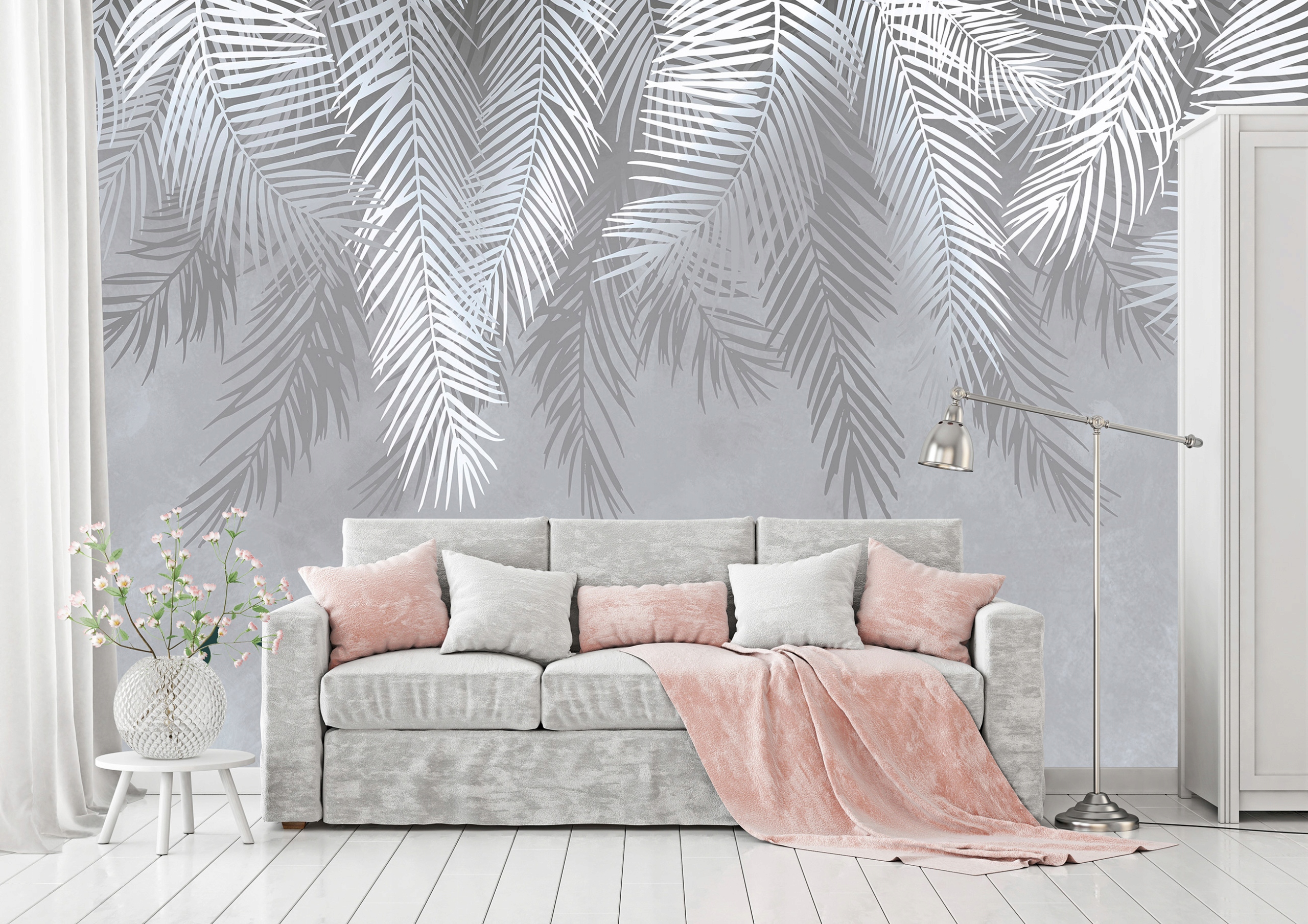 FOTOTAPETA LIŚCIE PALMY WISZĄCE PIÓRA SZARA SALON SYPIALNIA TAPETA 368x254 EAN (GTIN) 5903011253593