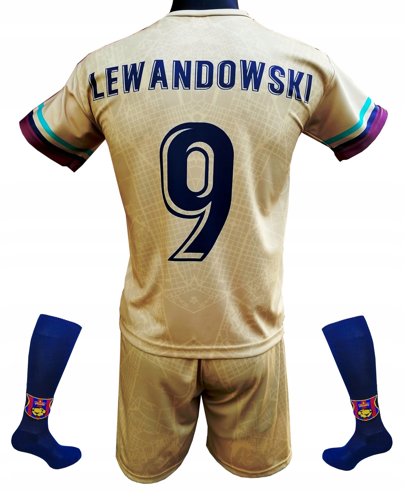 Strój piłkarski Lewandowski Barcelona złoty koszulka spodenki getry 158 cm