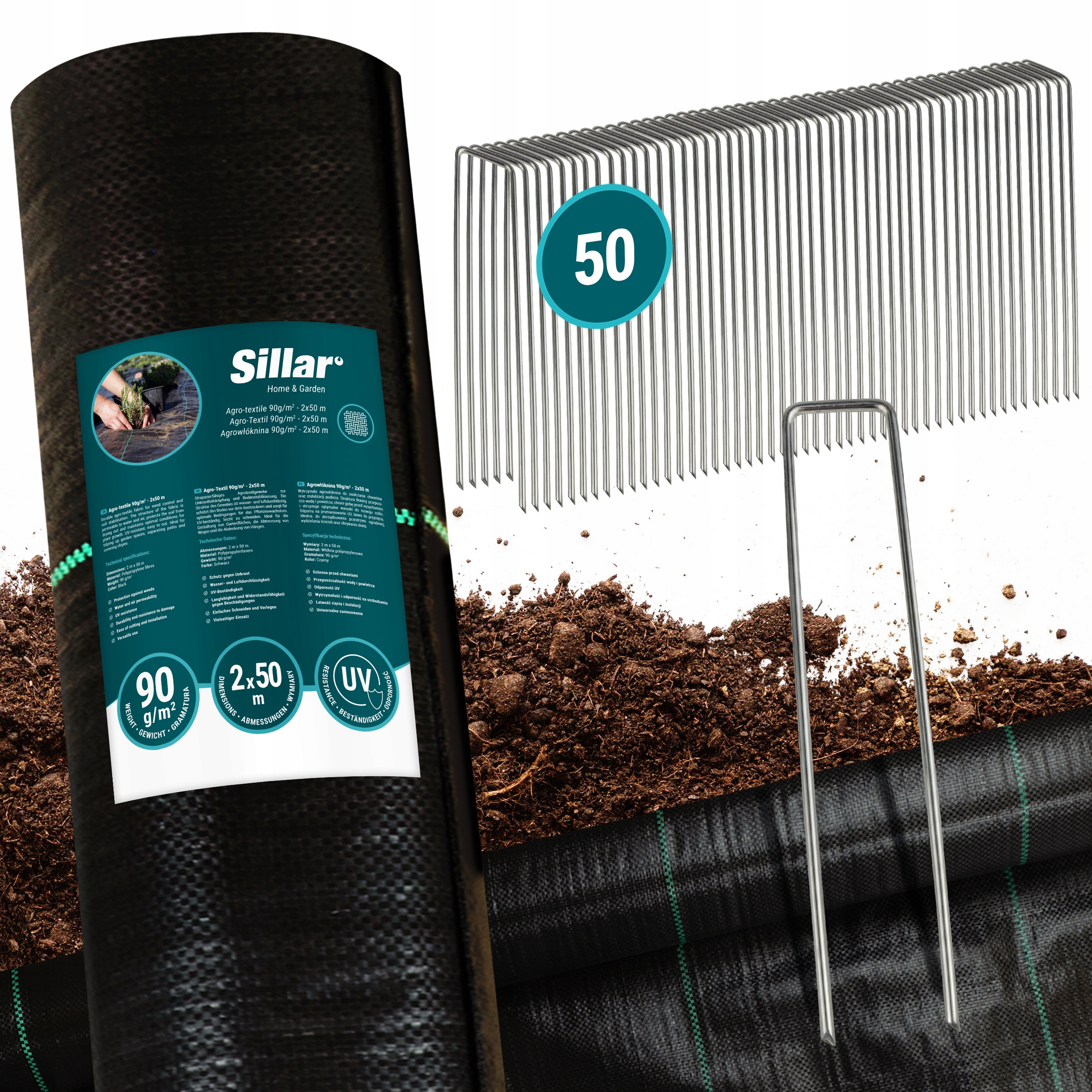 Silná Zahradní Agrotextilie Černá 2x50 m 90 g/m² Podložka Na Plevel x50 Kotvy