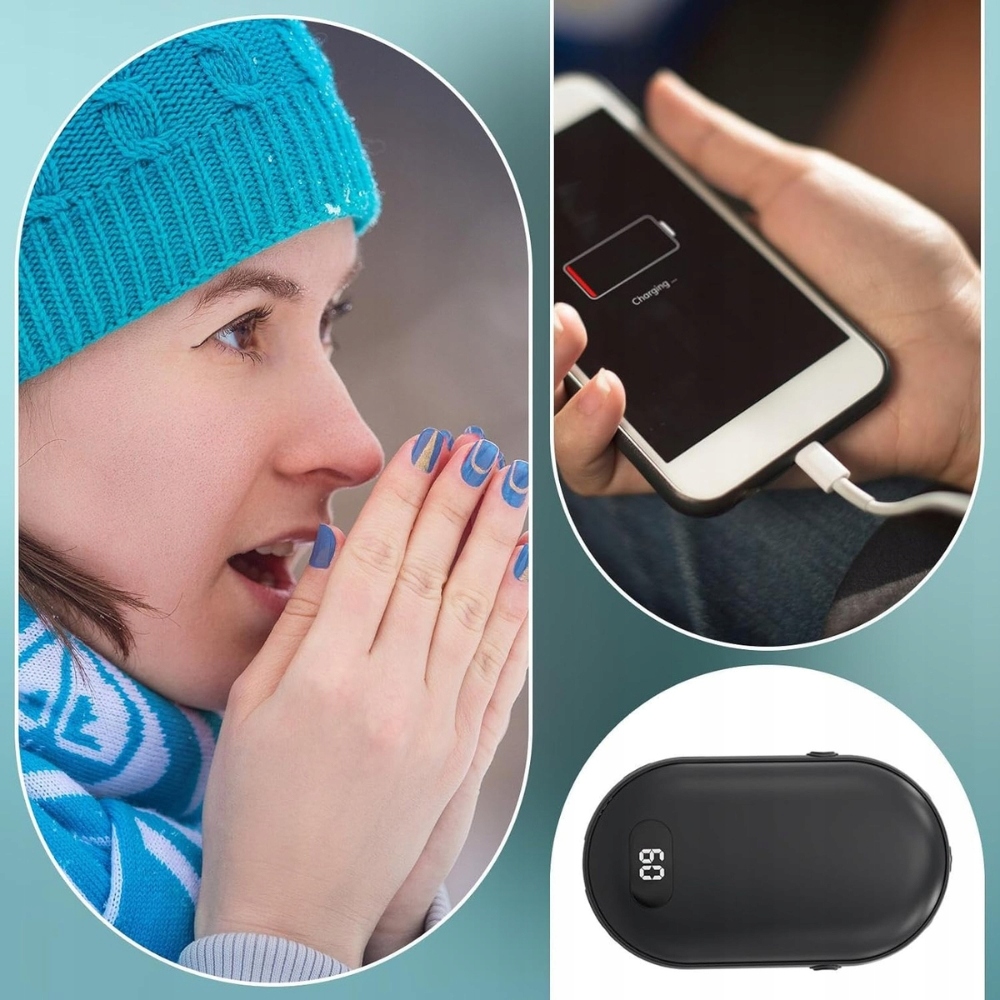 ELEKTRYCZNY OGRZEWACZ DO RĄK POWER BANK 2W1 USB PODGRZEWACZ DŁONI CZARNY Model ogrzewacz