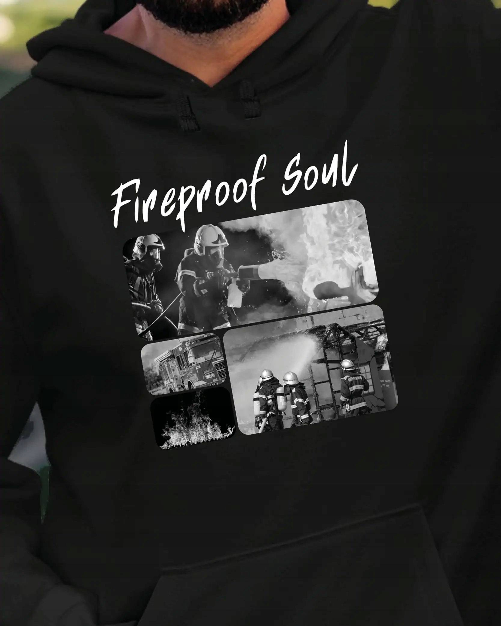 Mikina s kapucí Dárek pro hasiče Umělecká koláž Černá M