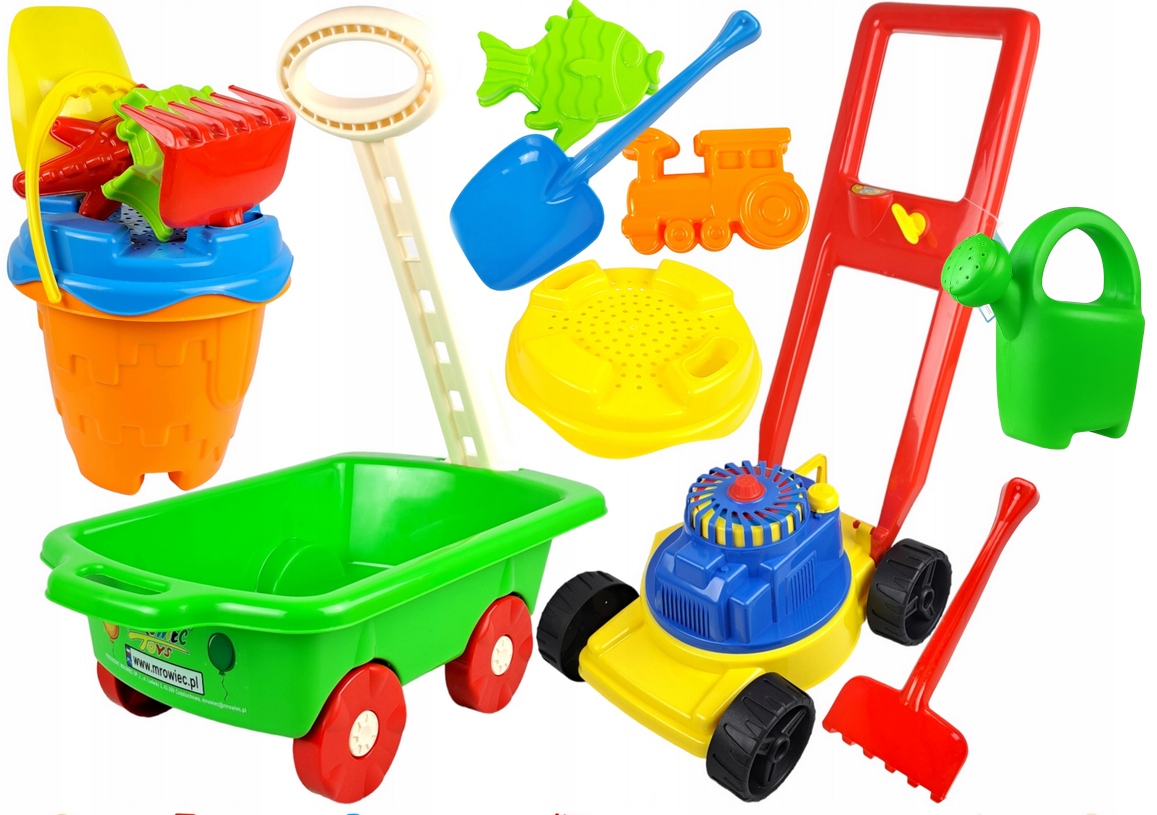 DUŻY ZESTAW DO PIASKU KOSIARKA WÓZEK WIADERKO KONEWKA FOREMKI