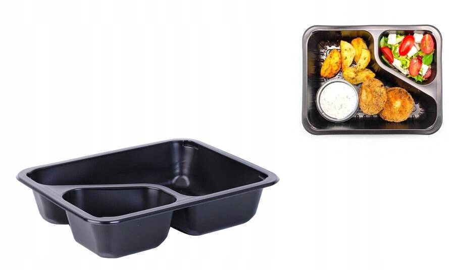 Pojemniki obiadowe do zgrzewu czarne 50szt 2komory