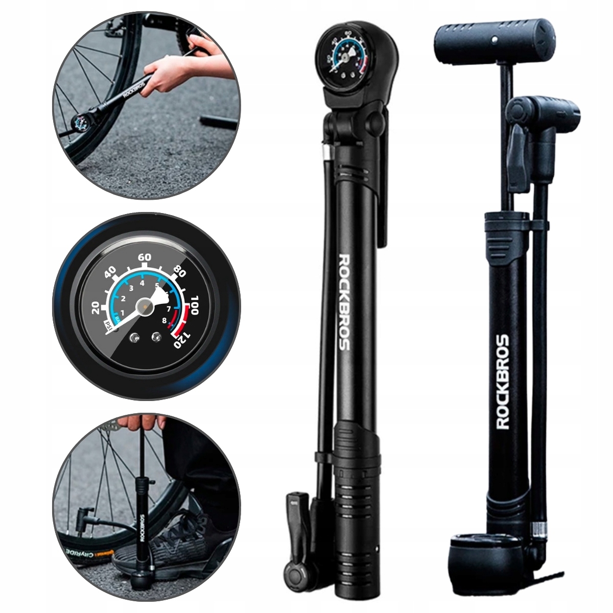 Pompka Rowerowa Z Manometrem 120 Psi 8 Bar Składana Rockbros