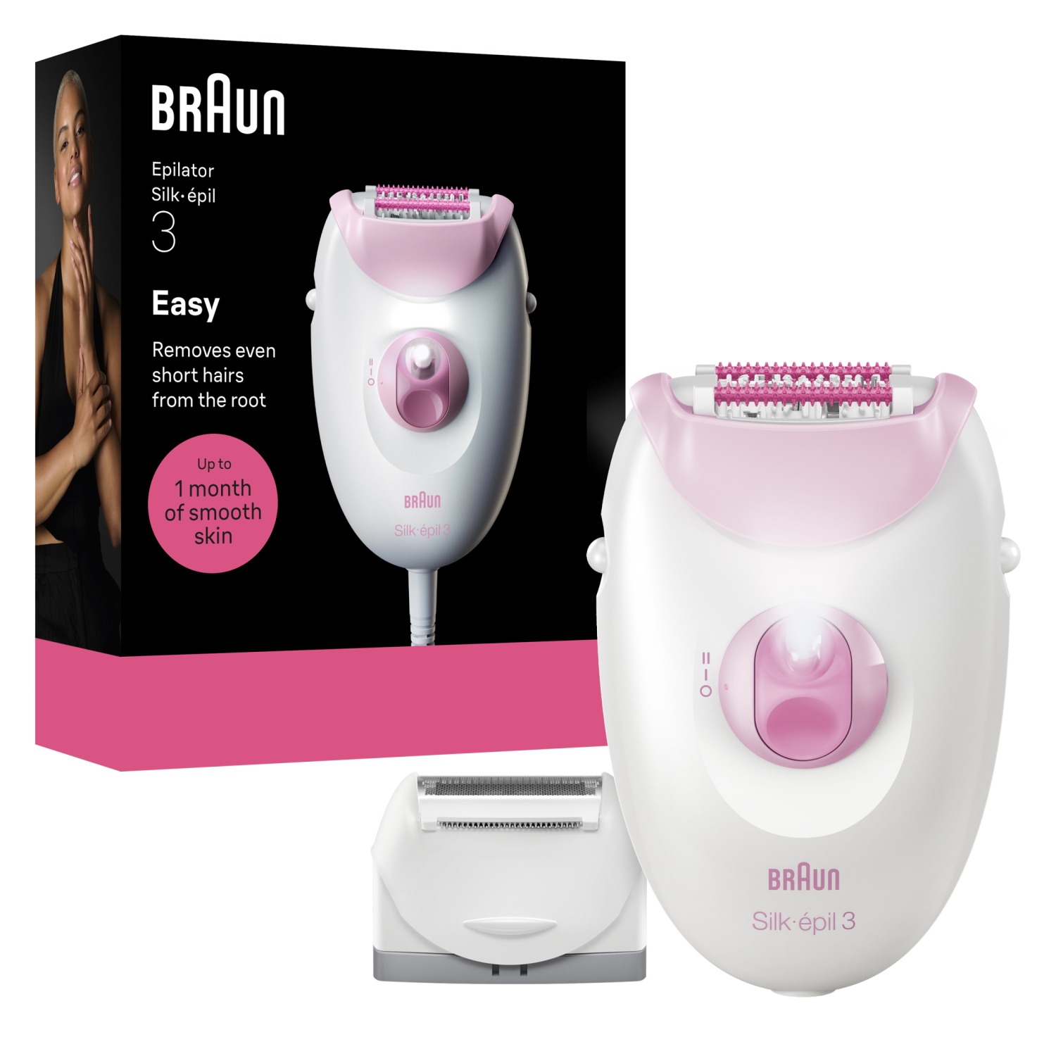 Braun Silk epil 3, Przewodowy Depilator, Gładka Skóra Na Długo, Różowy