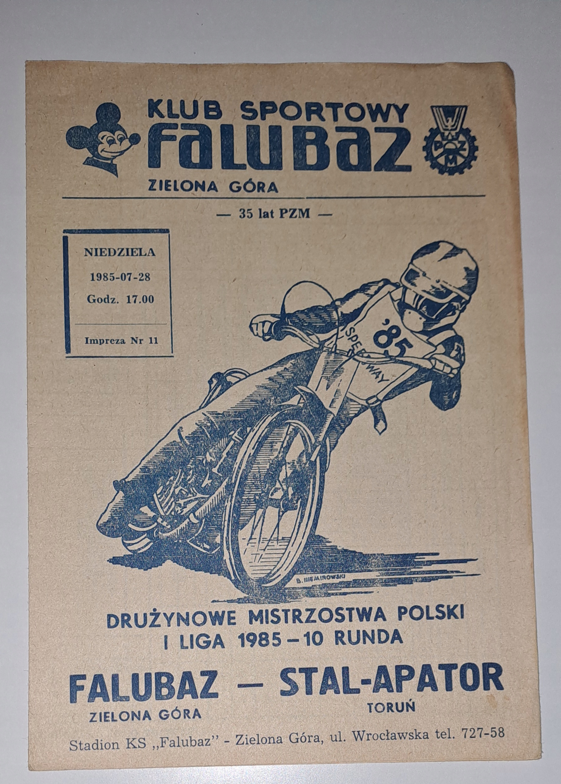 FALUBAZ ZIELONA GÓRA - APATOR TORUŃ 28-07-1985 - PROGRAM ŻUŻLOWY CZYSTY