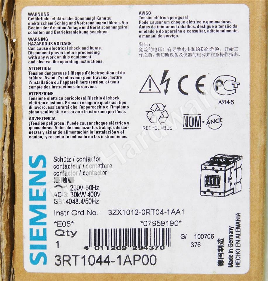 STYCZNIK 65A 3P 30KW 230VAC S3 3RT1044-1AP00 SIEMENS Kod producenta 3RT1044-1AP00