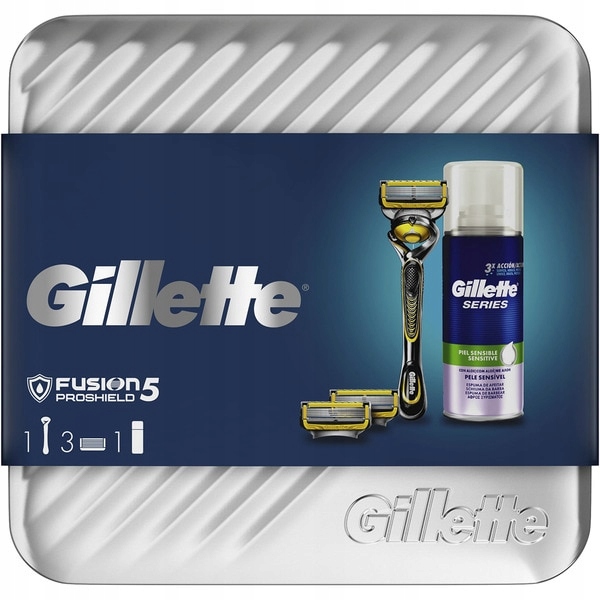Gillette Fusion 5 Proshield maszynka i wkłady pianka metalowy box