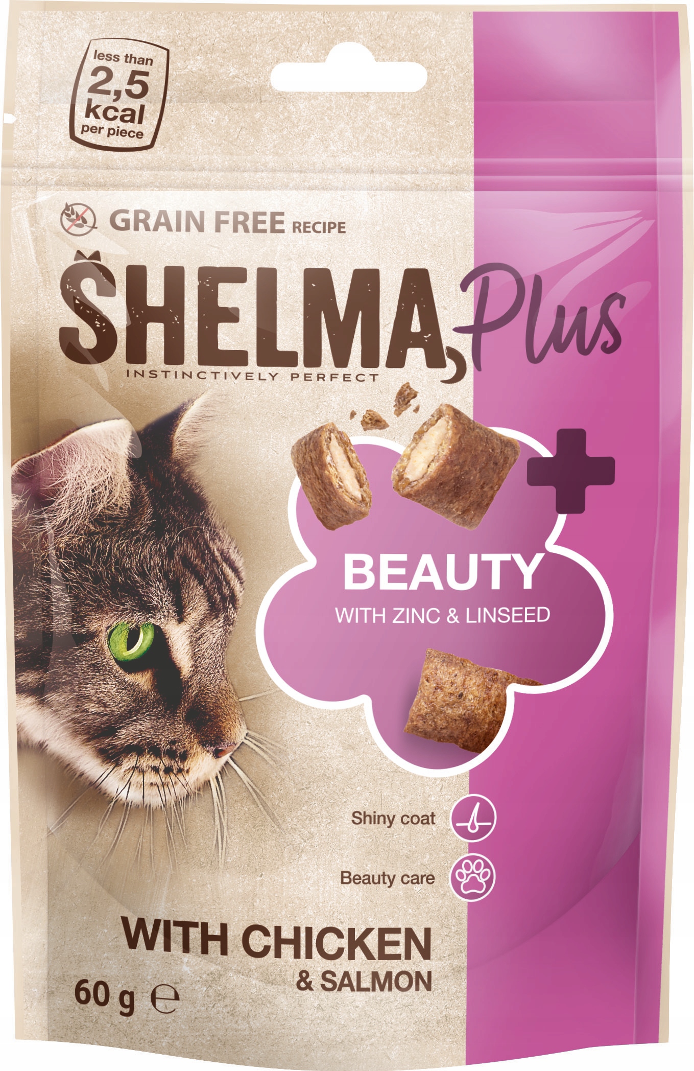 Levně 9X Shelma Beauty bezobilná pochoutka pro kočky s kuřecím masem a lososem 60 g