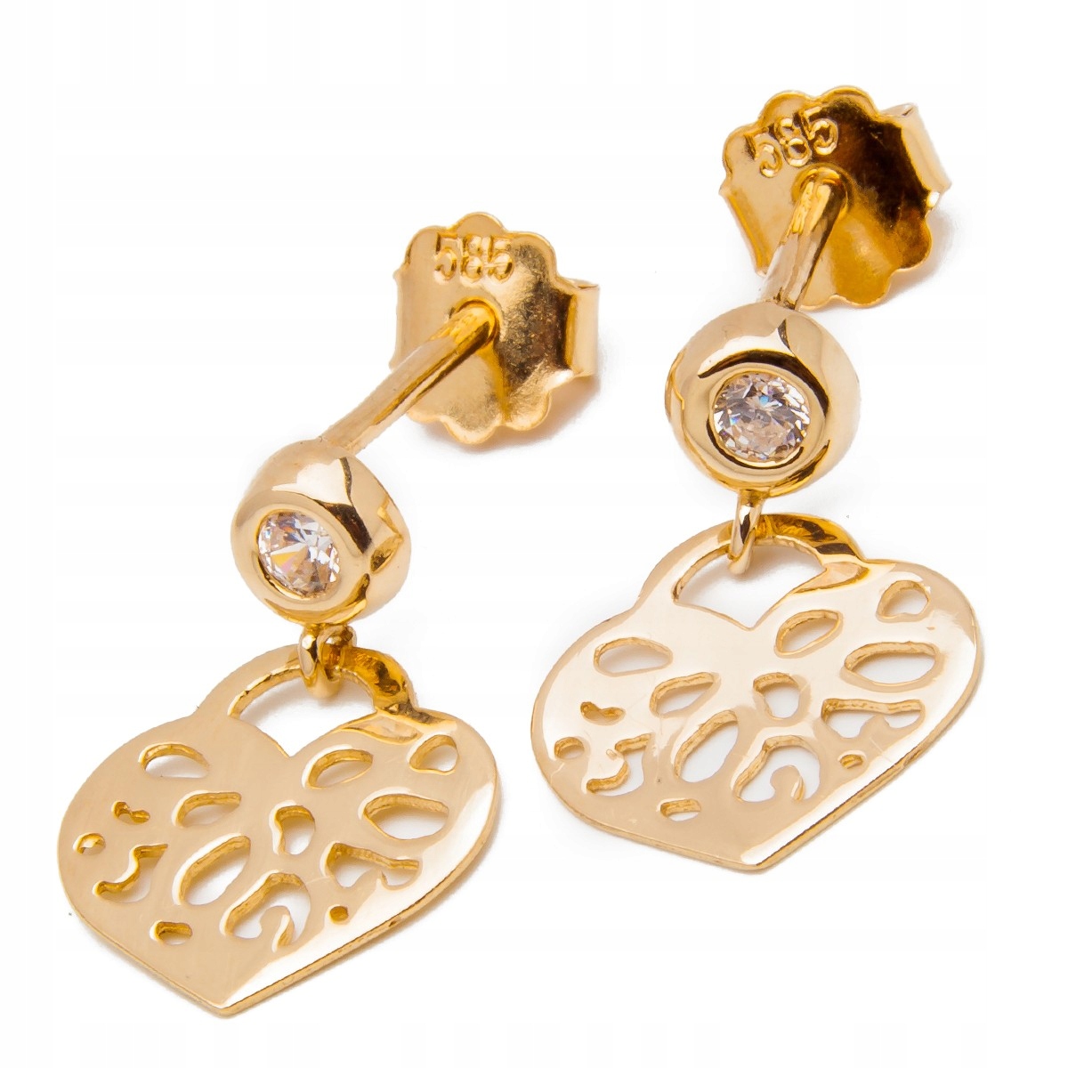 Zlaté náušnice 585, prolamované srdce, zirkon tyčinka