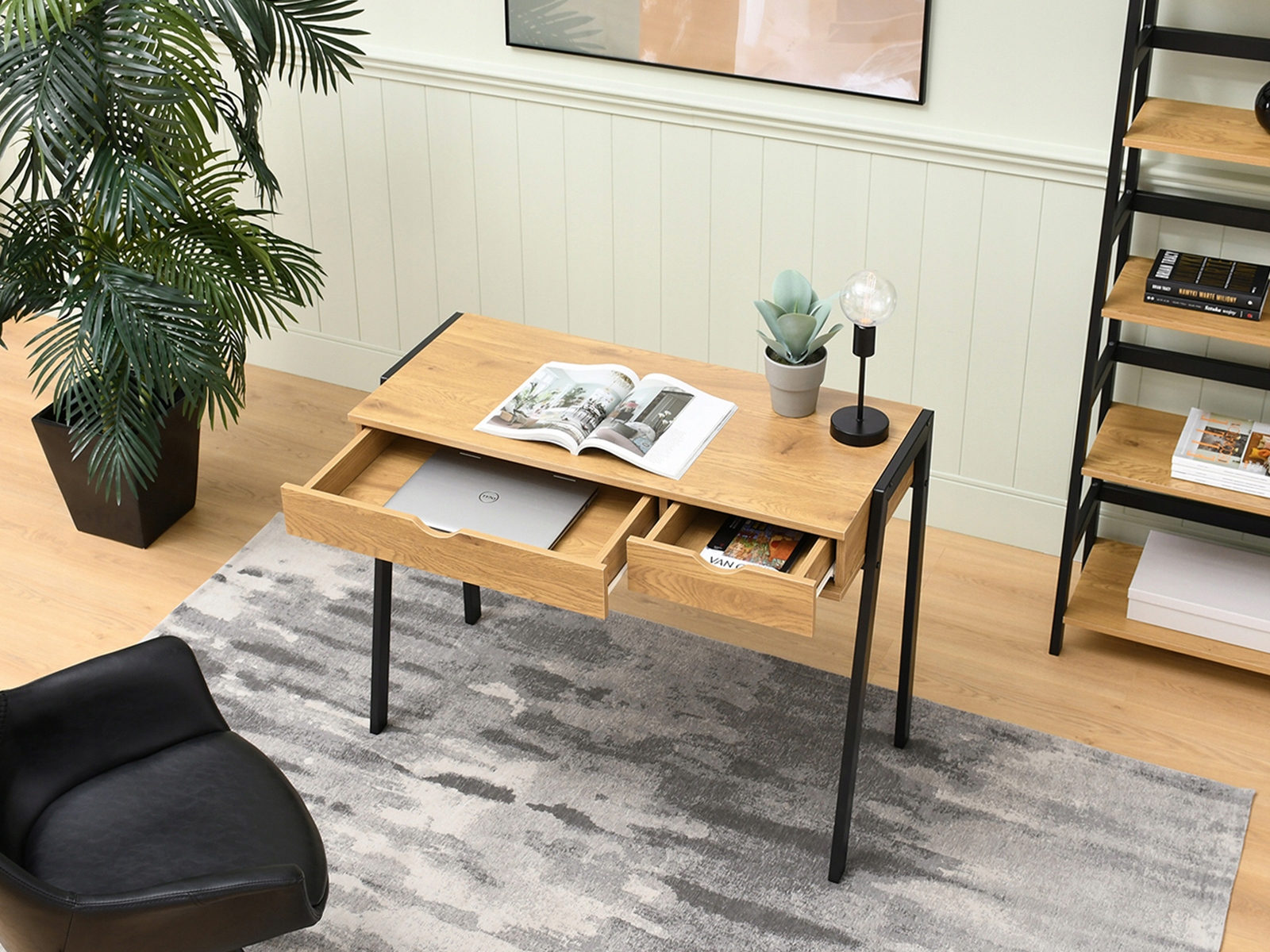 MAŁE DĘBOWE BIURKO KONSOLA LUND 100 2 SZUFLADY NA CZARNYCH NOGACH Z METALU Marka Mebel-Partner