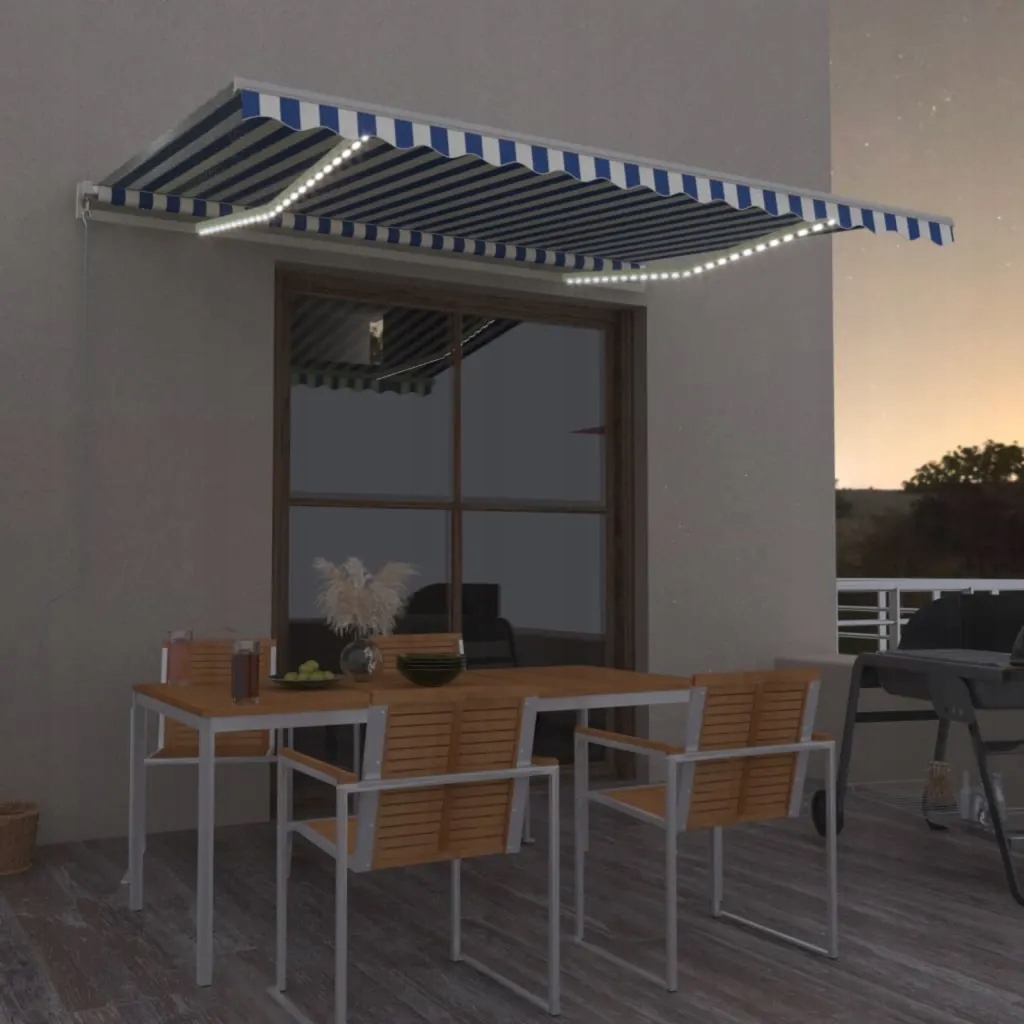 Ručně zatahovací markýza s Led světlem 400x300 cm modrá a bílá Modrá 306890