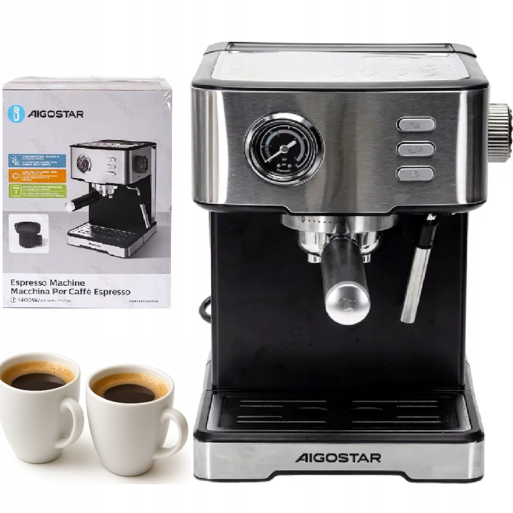 Kávovar Na Kávu Tlakový 1400 W Kolbový 20 Bar 1,7 L Oceľový Aigostar