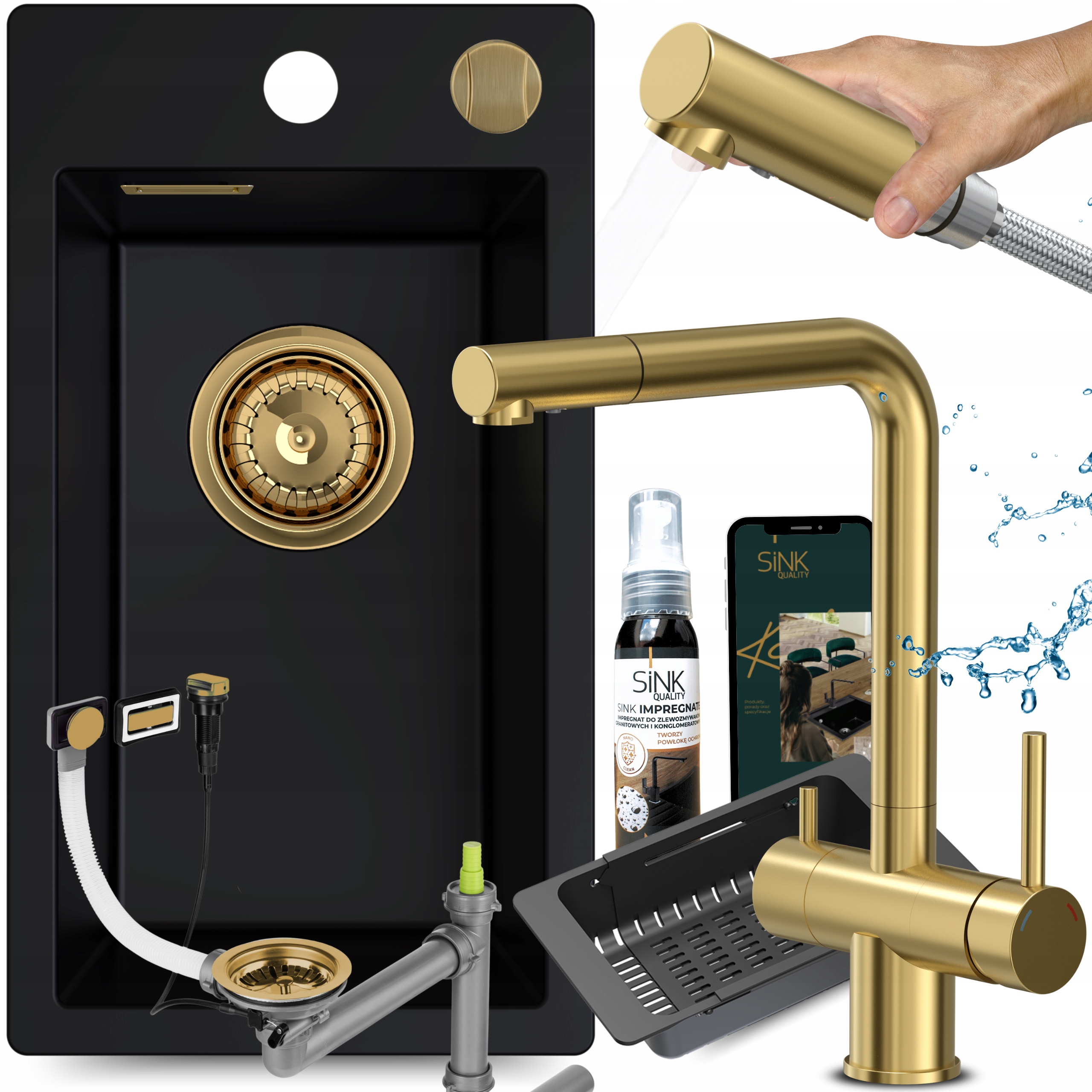 Dřez černý Jednokomorový granitový Baterie s vytahovací sprškou