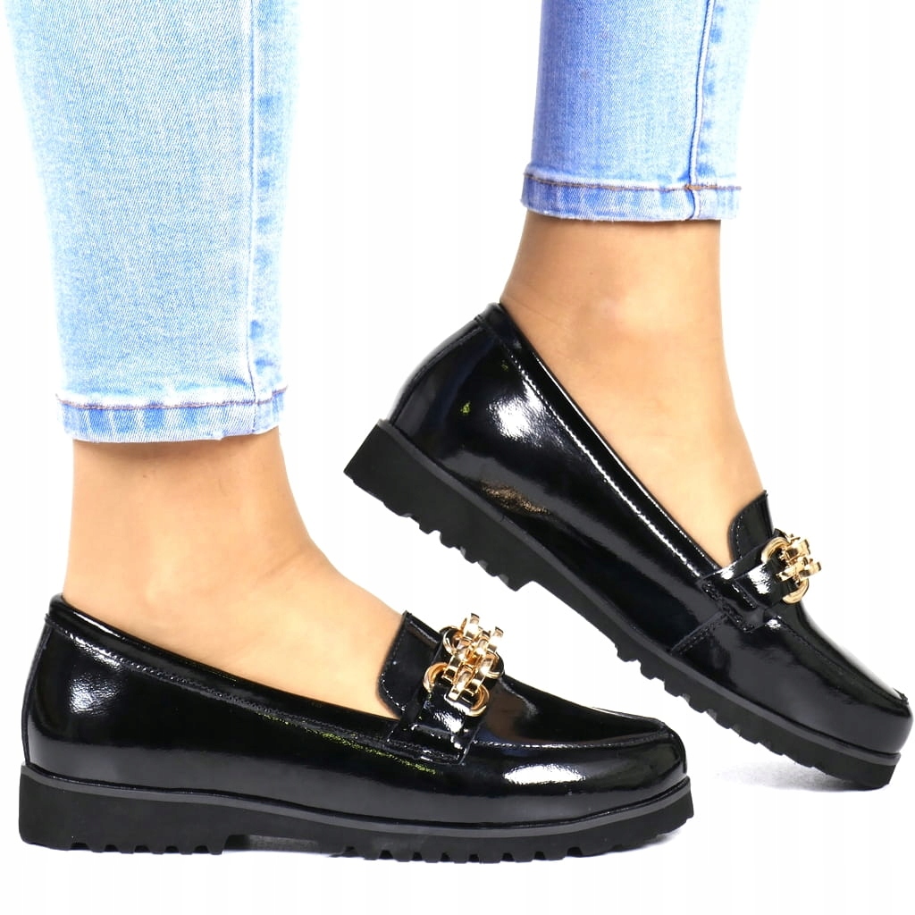 iButy Dámské Mokasíny Z Kůže Polobotky Se Zlatým Řetězem Černé Pohodlné