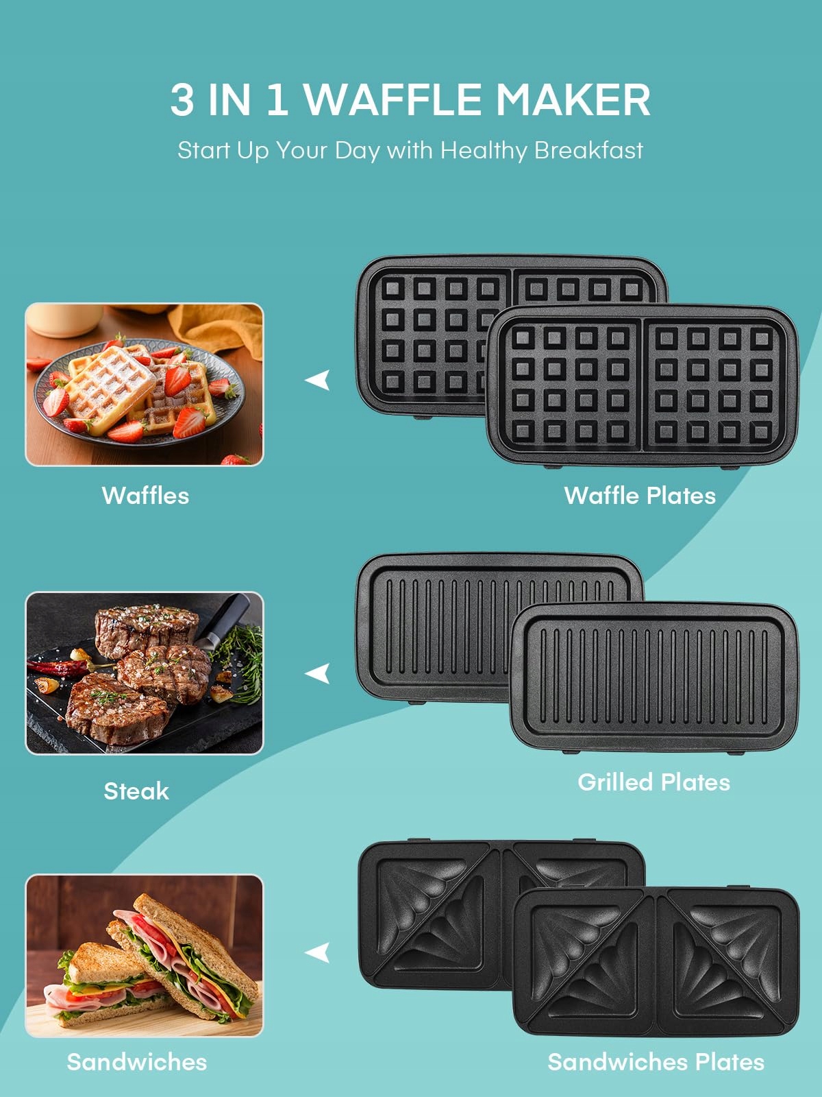 FOHERE Opiekacz 3w1 1200W Gofrownica Grill Kanapki Niebieski — miniatura 4