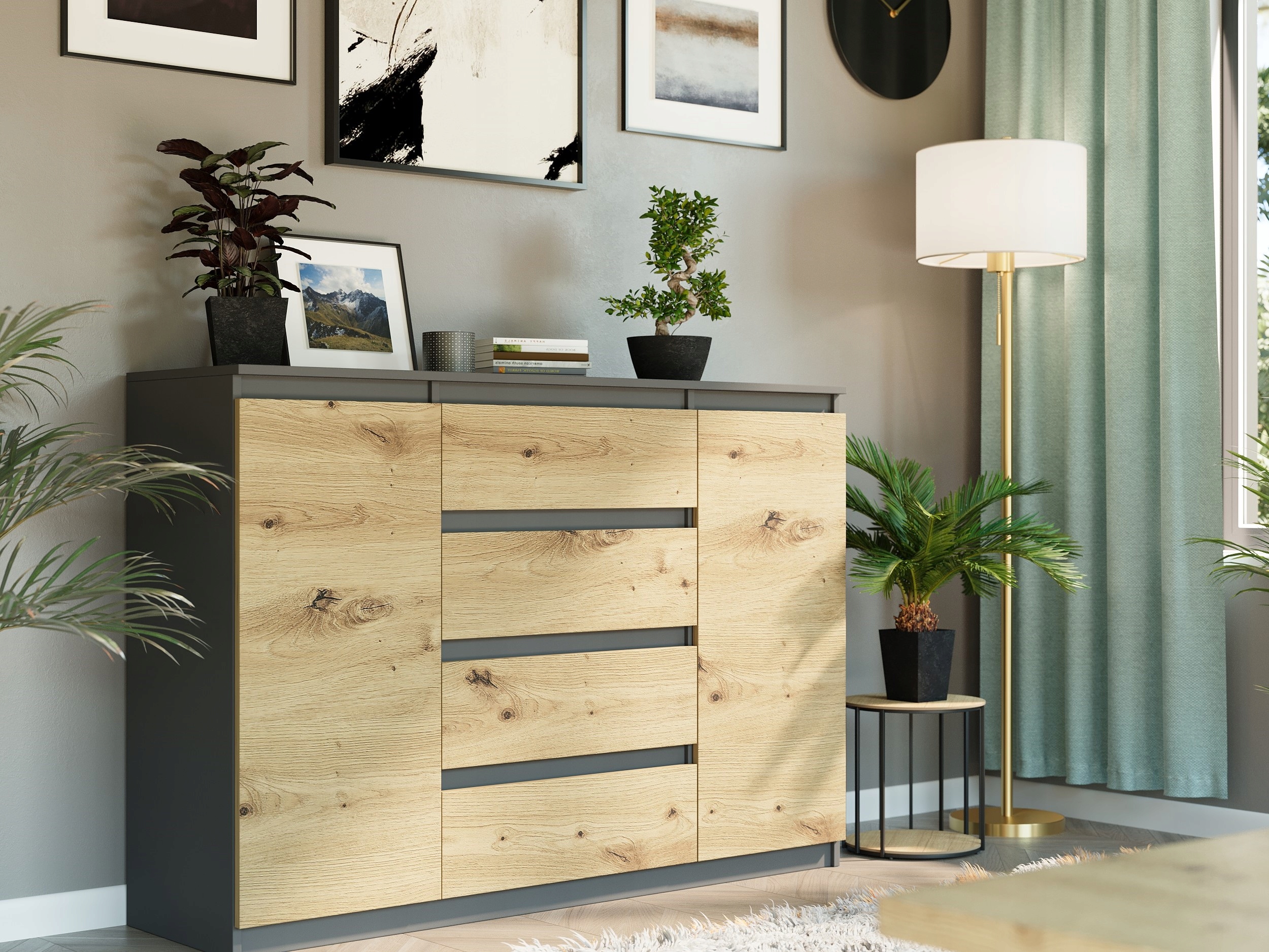 Modna KOMODA 140 SZAFKA 4 SZUFLADY 2 PÓŁKI ANTRACYT MIX ARISAN R-140-S4