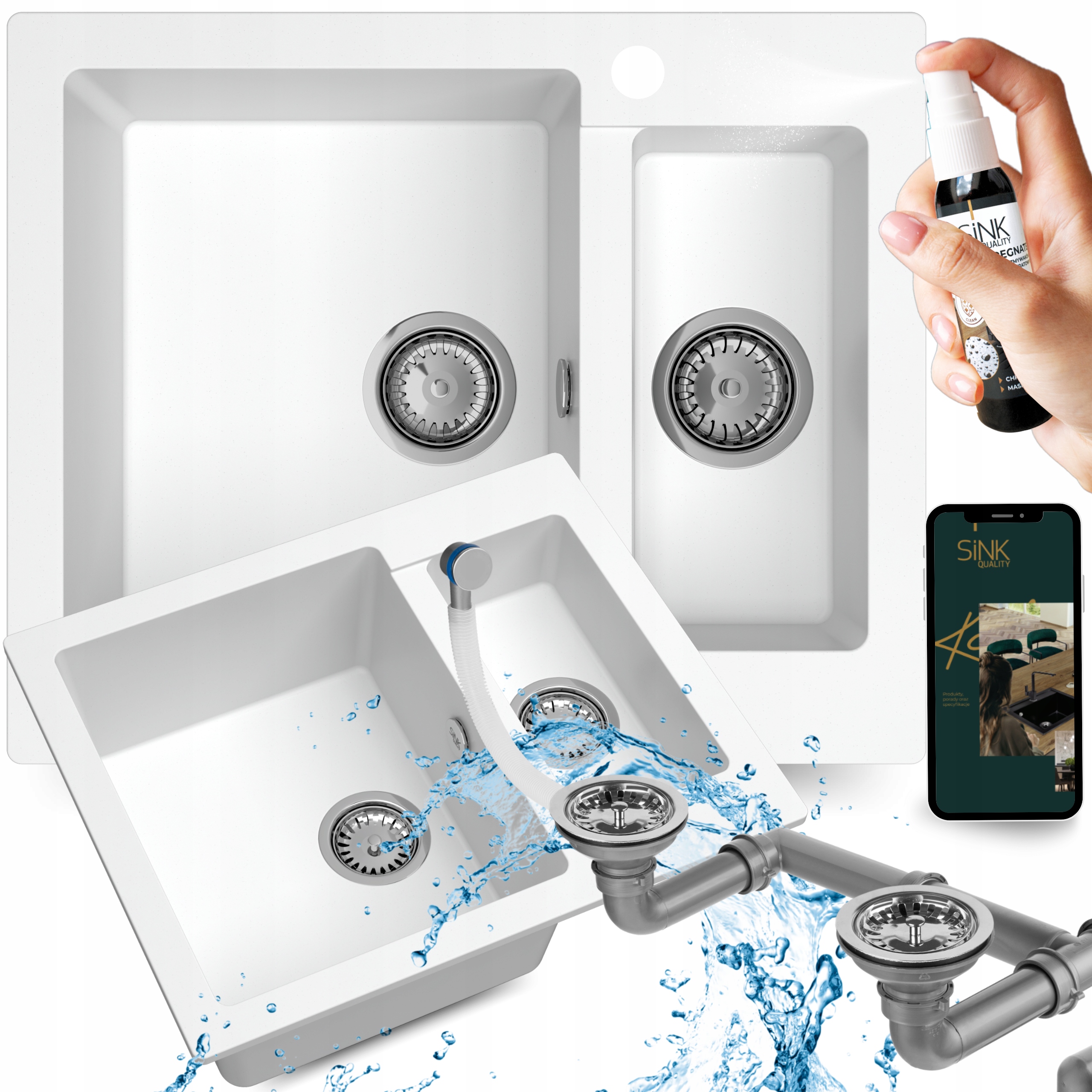 Granitový Dvojkomorový Kuchynský Drez biely 60 cm Manuálny Sifón