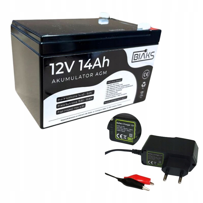 Akumulátor Agm 12V 14Ah Biaks (rozměr 10Ah 12Ah 15Ah) nabíječka Pw