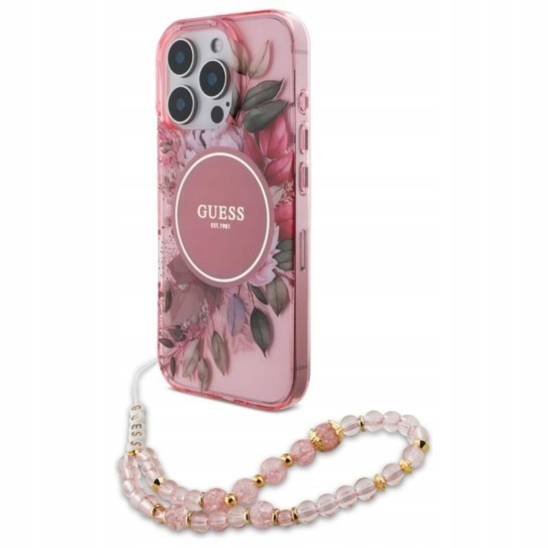Guess IML Flowers With Pearl Strap MagSafe Etui iPhone 16 Pro Max (różowy