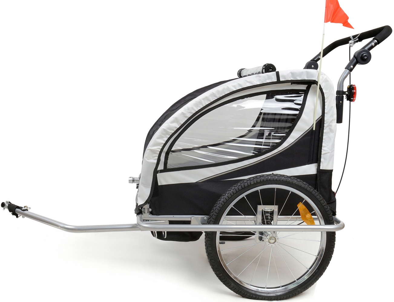 PRZYCZEPKA ROWEROWA PRO 3w1 AMORTYZOWANA + LEDY OŚWIETLENIE PASY DLA 2 OSÓB Model Czarno - biała