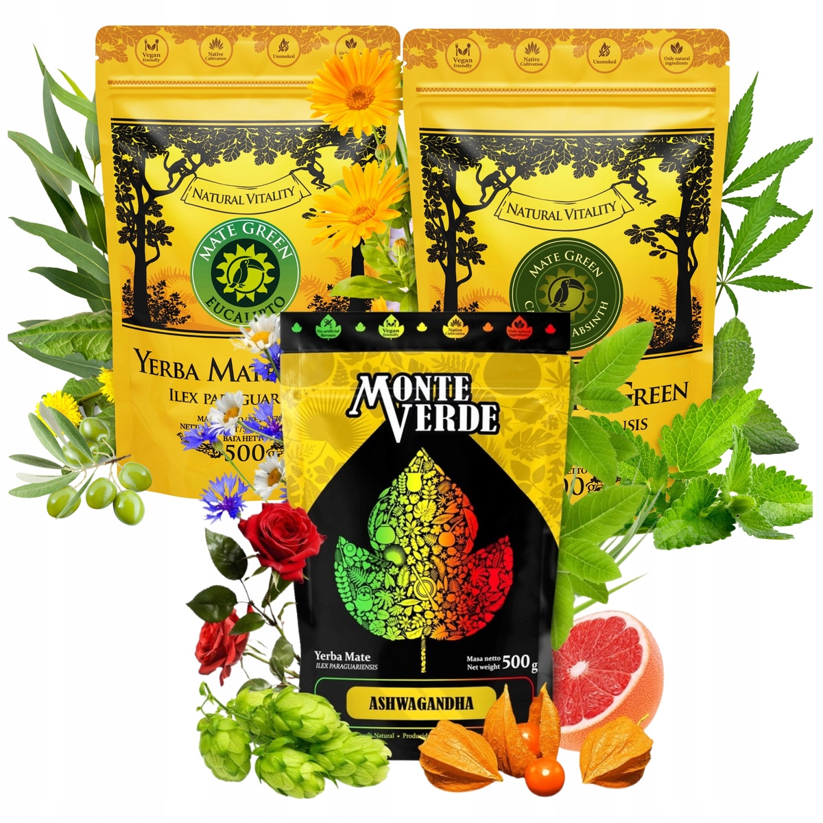 Sada Yerba Mate Monte Verde Green Bylinná 3x500 1,5 kg