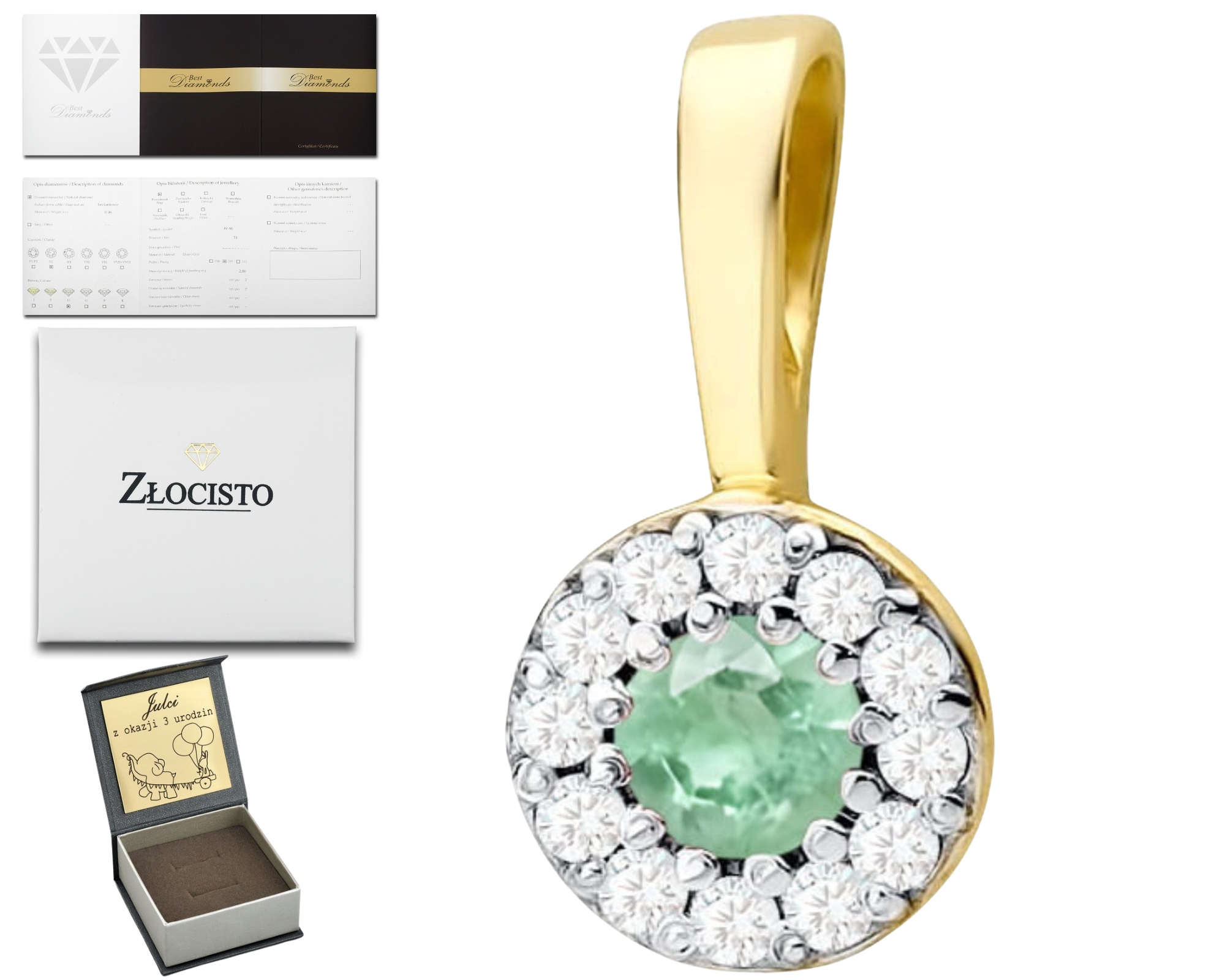 Zlatý Přívěsek Se Zeleným Smaragdem A Diamanty Zlato 585 14K Dárek