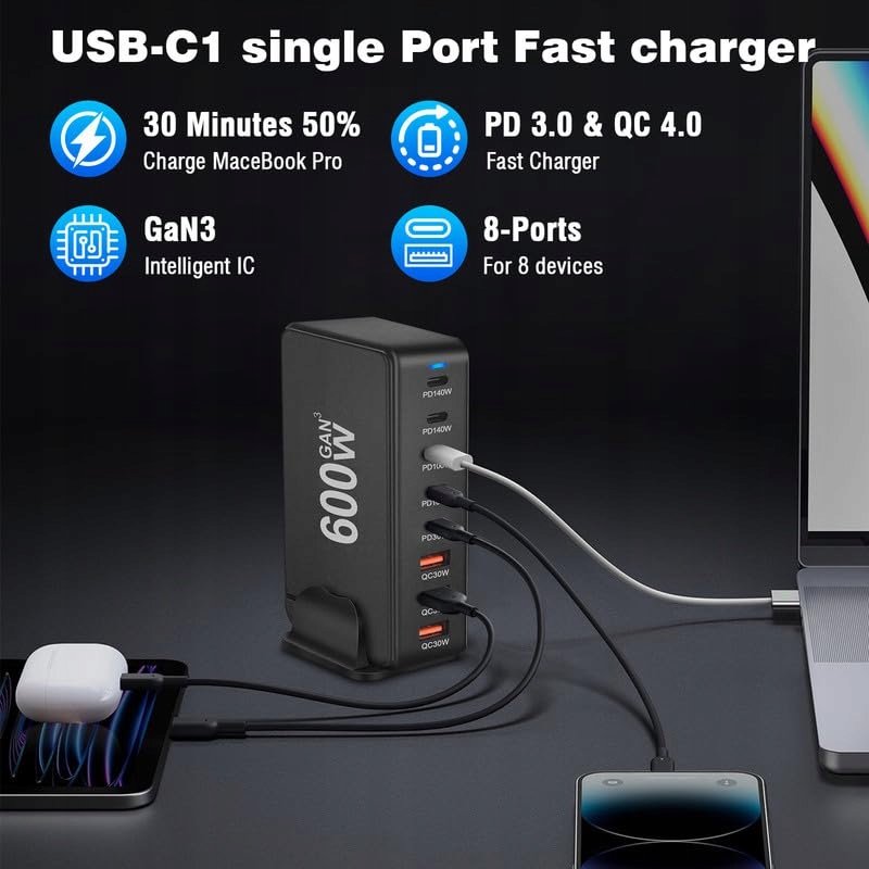 ZHITING Ładowarka USB C 600W 8 Portów Szybkie Ładowanie MacBook iPad — miniatura 6