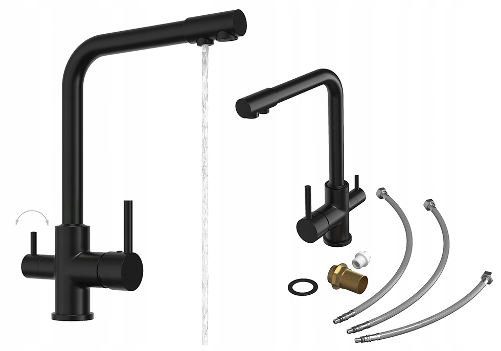 Kuchynská batéria trojcestná, kohútik do kuchyne pre vodný filter, čierna Flow