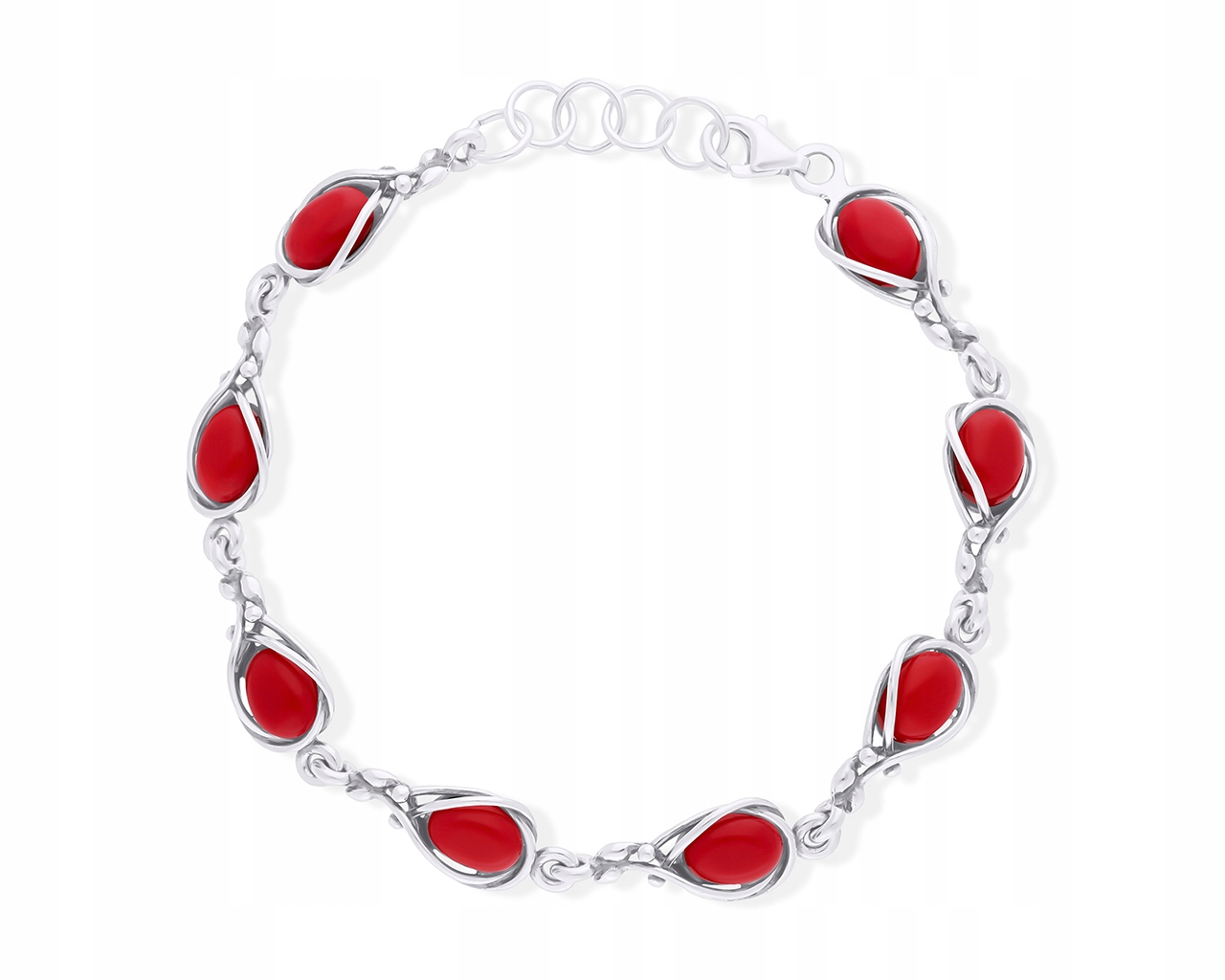 Stříbrný dámský náramek s červeným korálem, ryzost 925, originální design