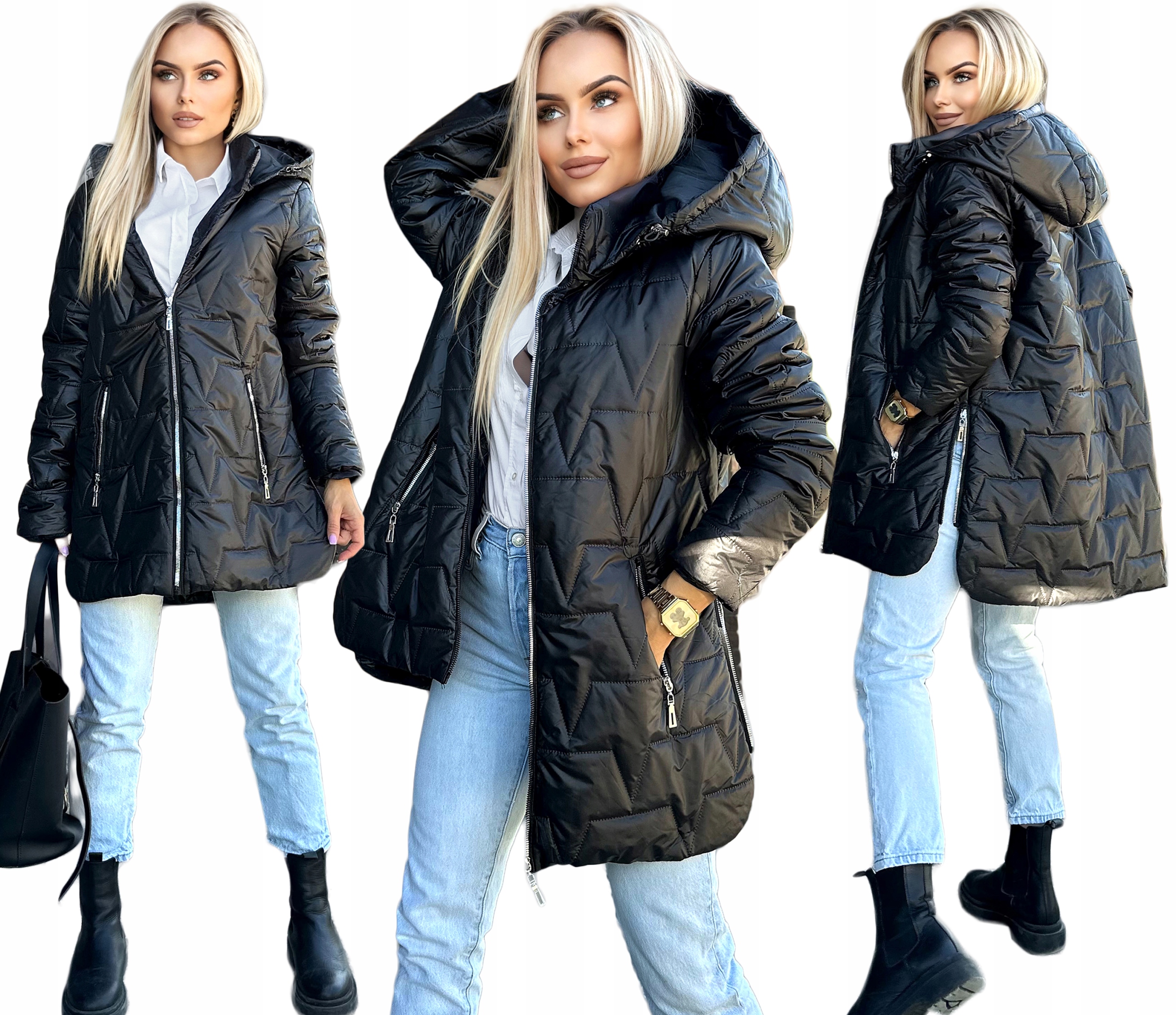 Přechodná delší dámská prošívaná bunda s kapucí velké velikosti 46 Zyta