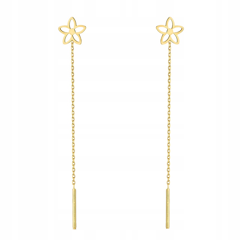 Złote Kolczyki Wiszące Przewlekane 585 Kwiatki
