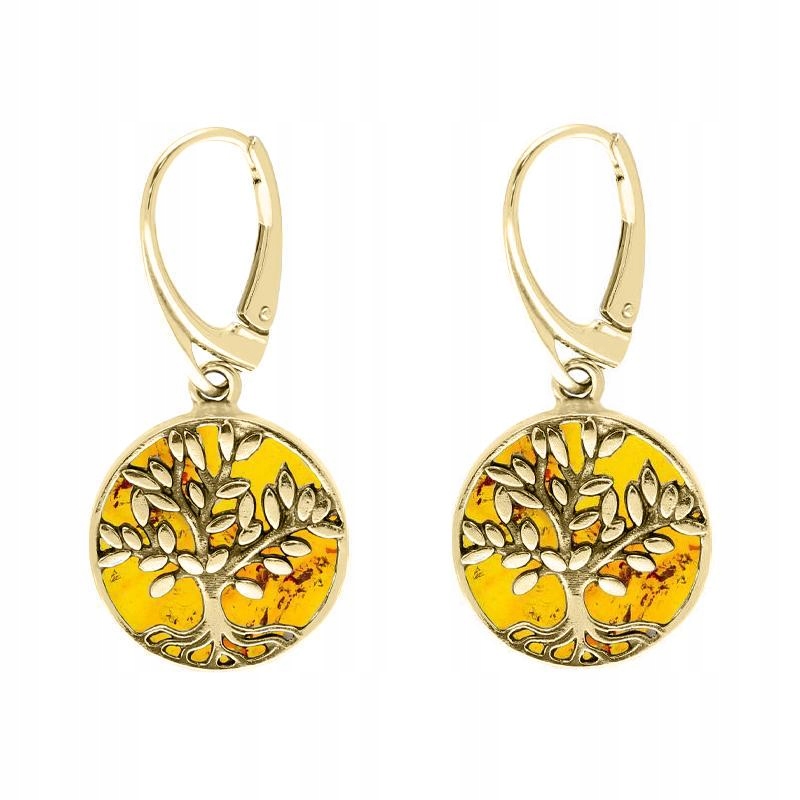 Zlaté Náušnice S Jantarem Strom Štěstí Stříbro Pozlacené