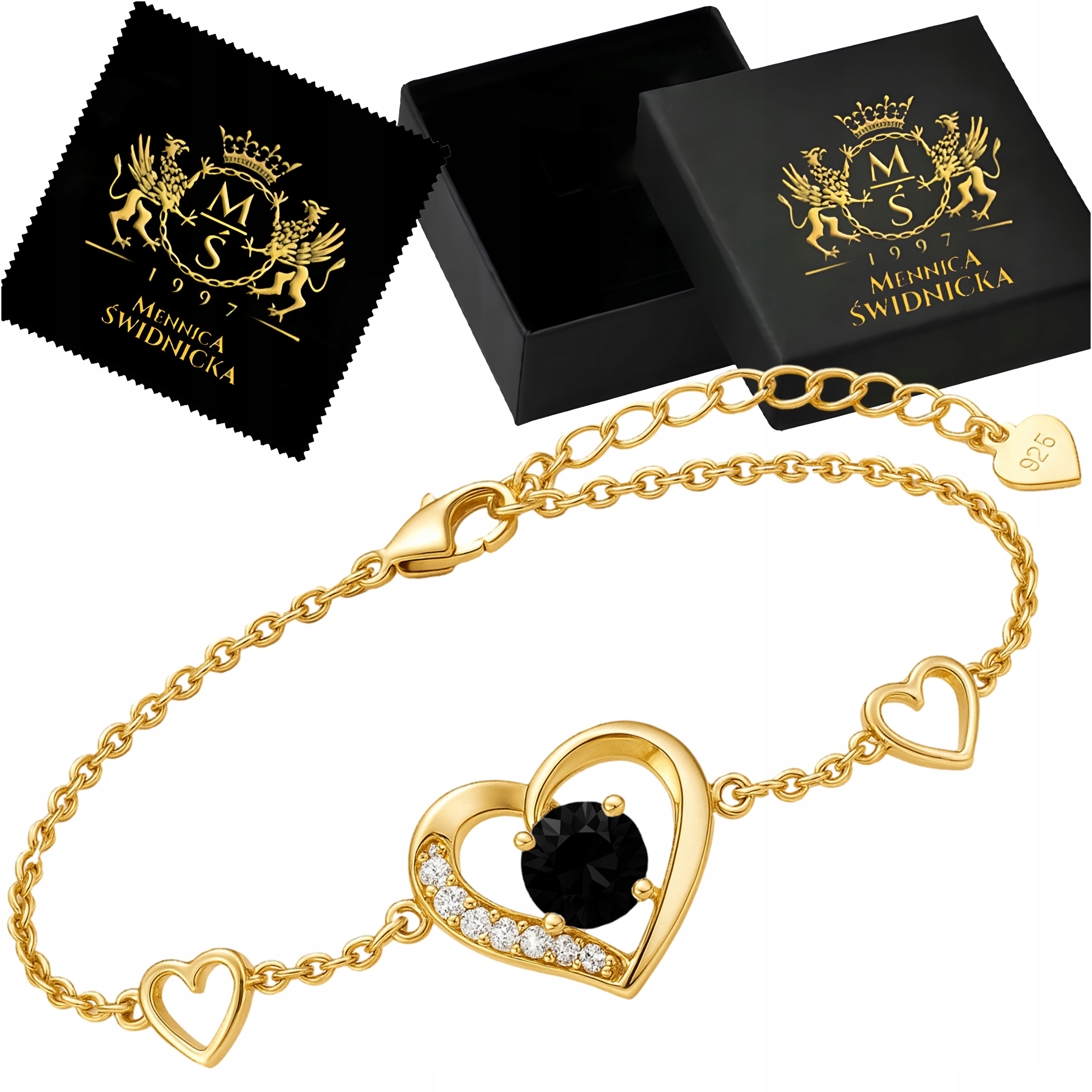 Zlatý náramek Srdce s černým krystalem a zirkony Stříbro 925