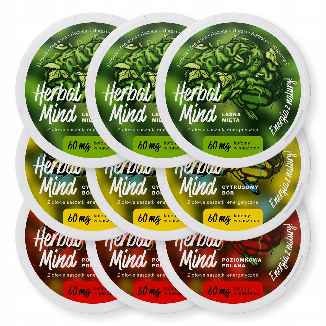 Levně Bylinné kofeinové sny HerbalMind 3x3 příchutě, kofein, 60 mg sáčky