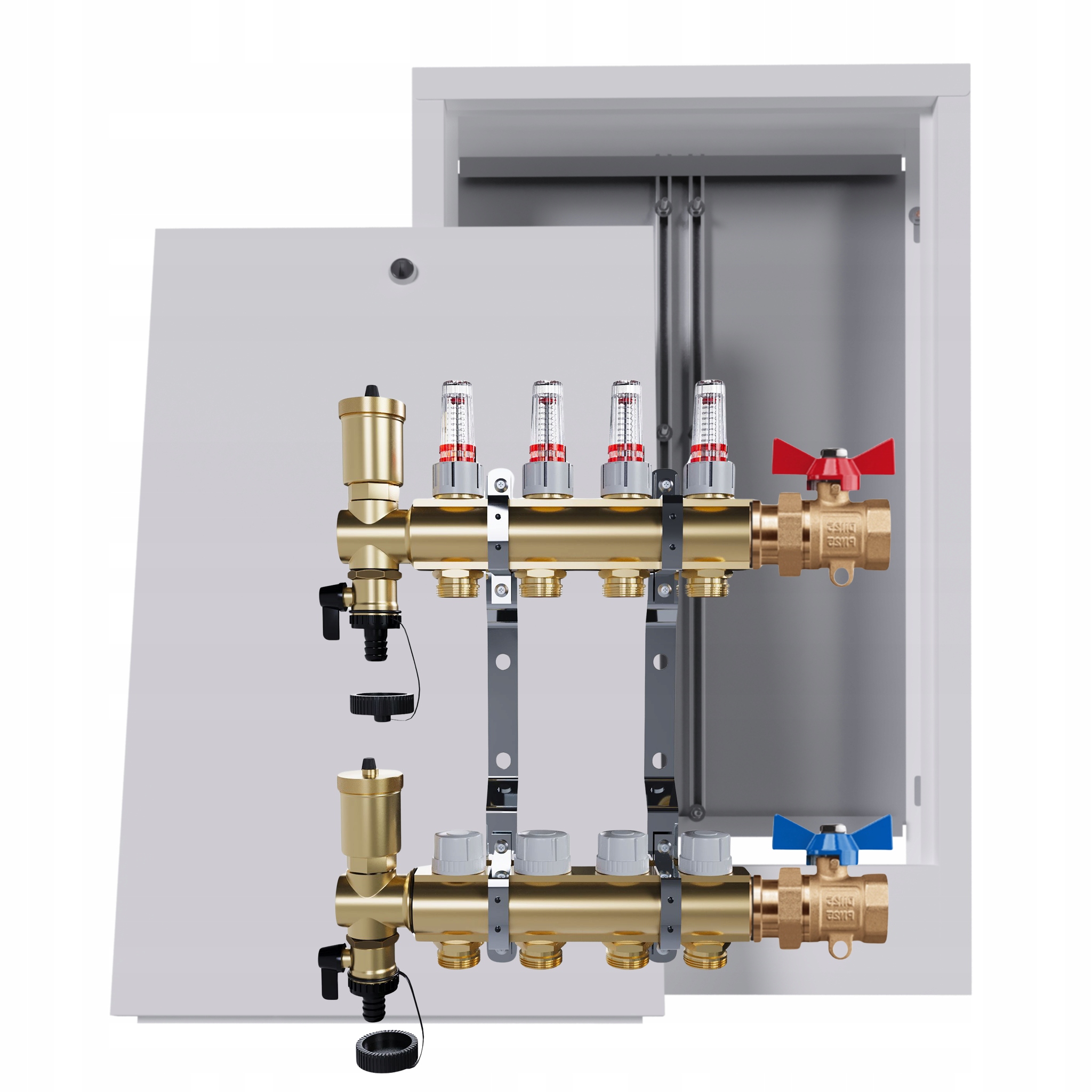 Rozdělovač podlahových krytin mosazný 4 okruhy nástěnná skříňka jednoduchý ventil