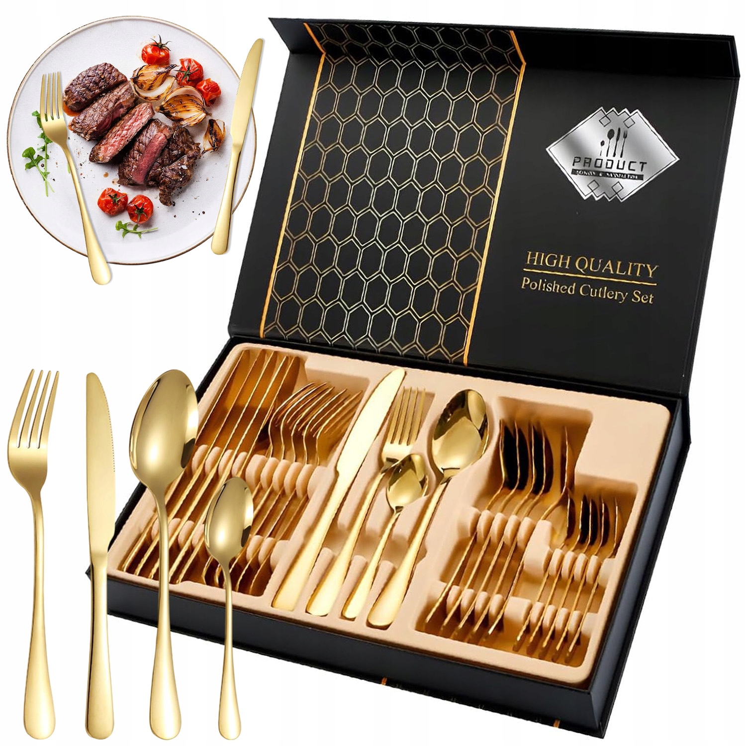Zlaté 24DÍLNÉ Příbory Z Nerezová Ocel Krabička Elegantní