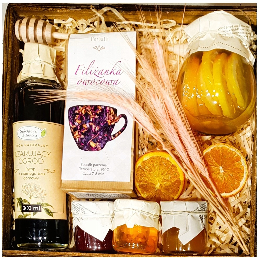 Kosz Box Zestaw Prezentowy Syrop Herbata Cytryna Kwiaty Upominek
