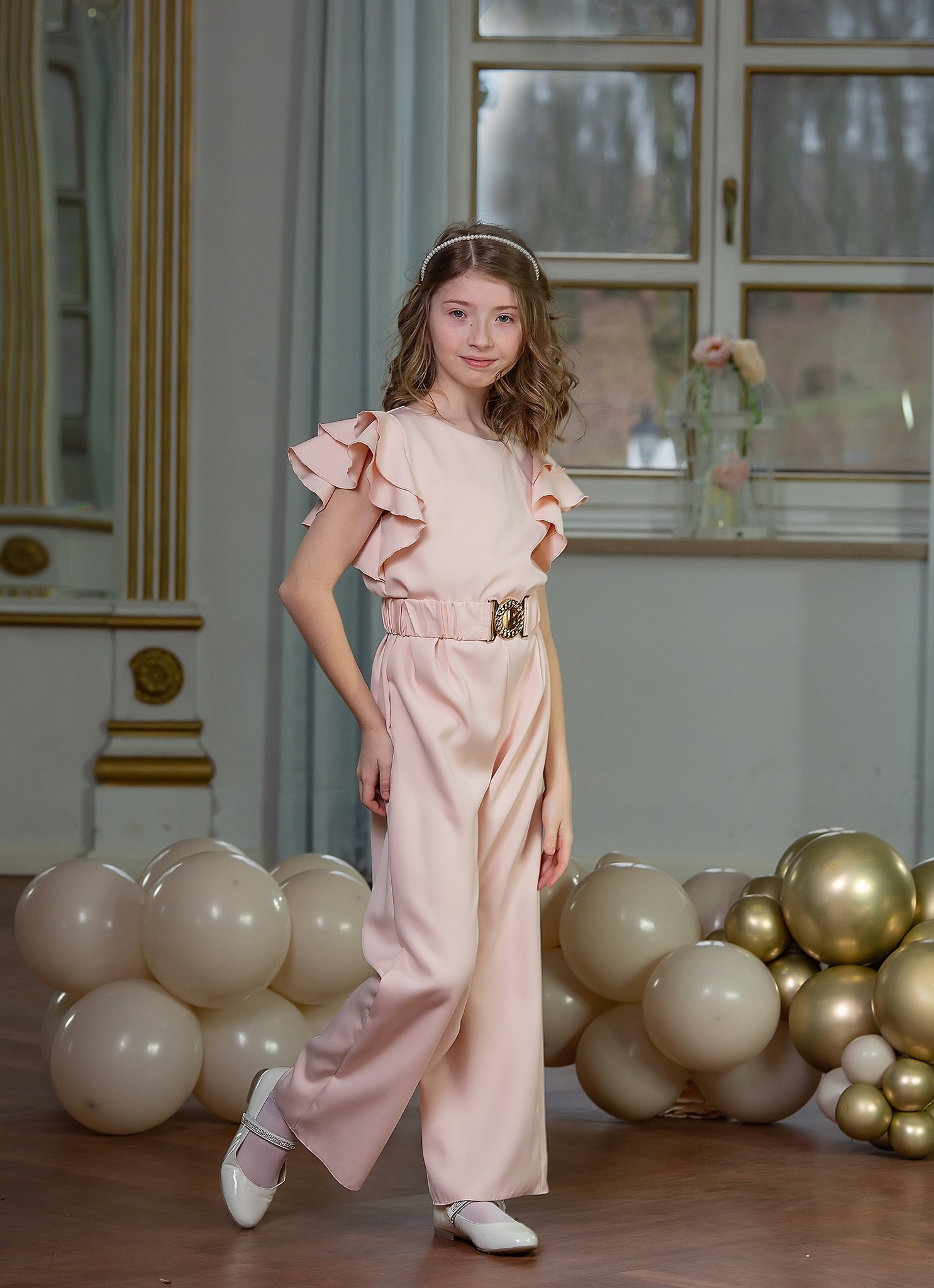 KOMBINEZON Z PASKIEM ŁOSOSIOWY ANAGRI WESELE KOMUNIA Rozmiar 164