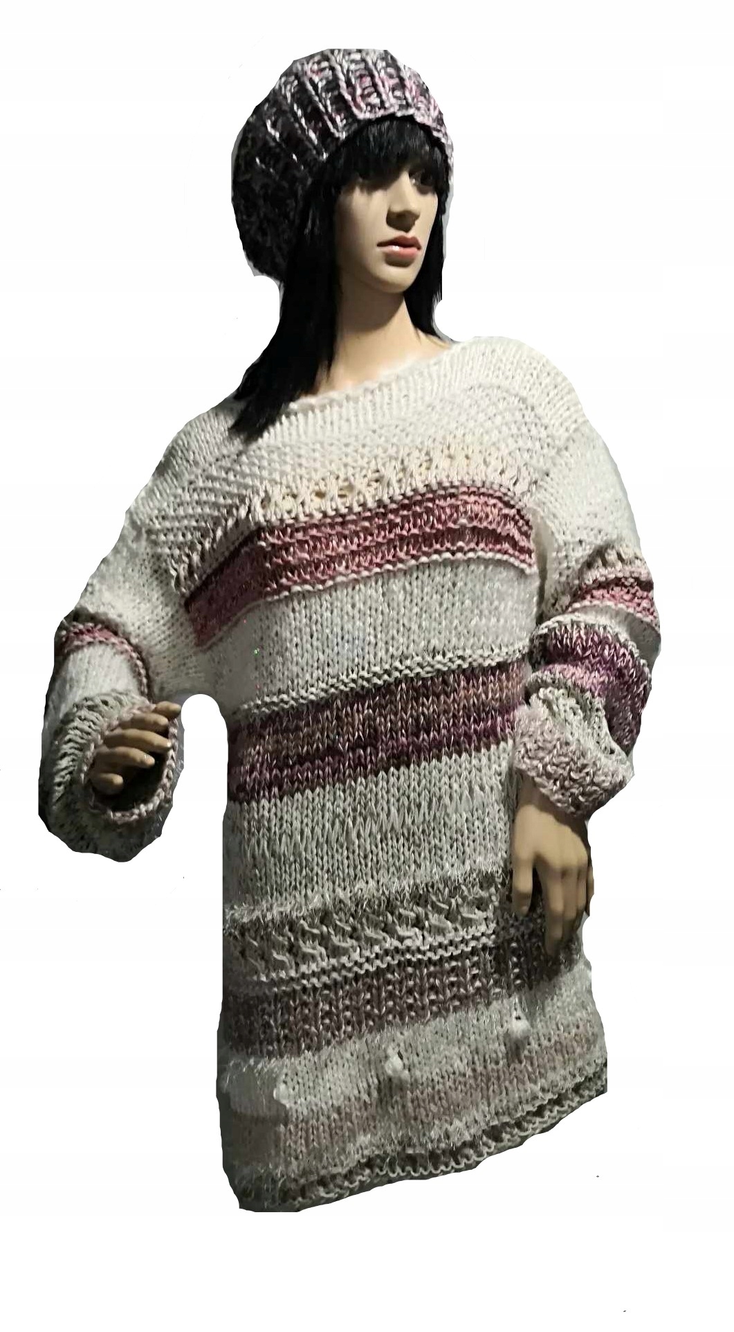 Fantastická tunika delší svetr ecru růžová Handmade