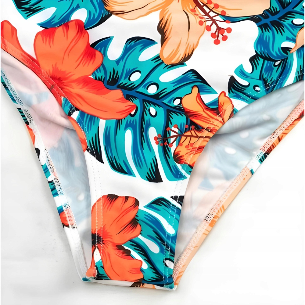 DWUCZĘŚCIOWY STRÓJ KĄPIELOWY + PAREO NARZUTKA BIKINI WYSOKI STAN MODELUJE L Wzór dominujący kwiaty
