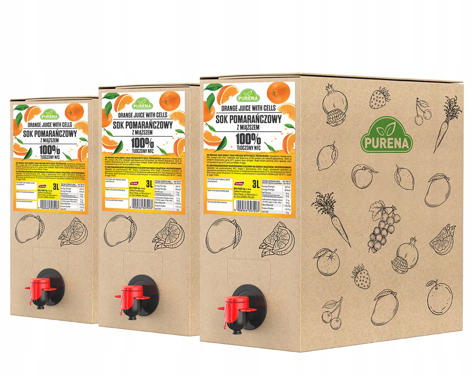 Sok pomarańczowy 100% z miąższem tłoczony Nfc Purena 3 L x 3 sztuki