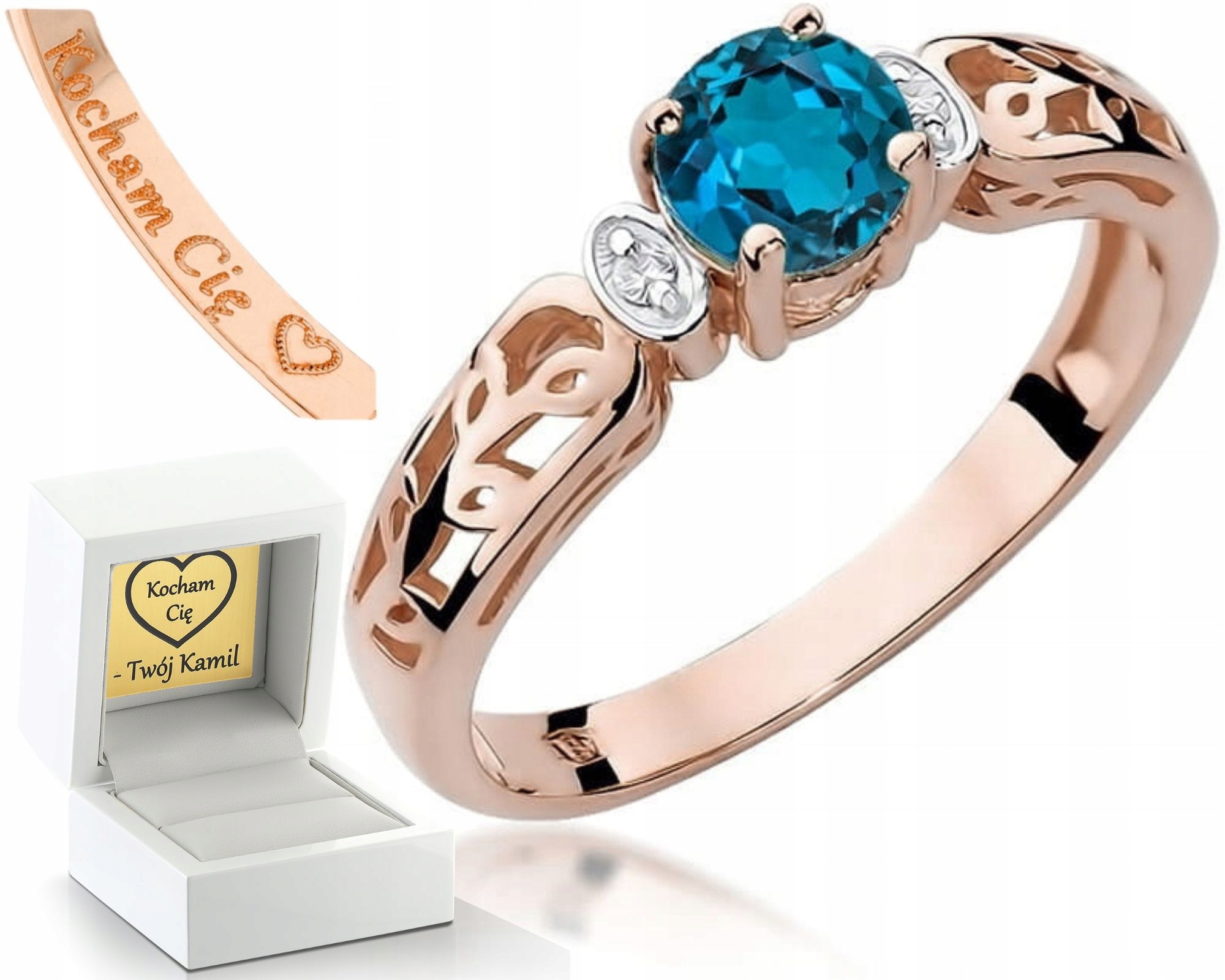 Růžové Zlato Prstýnek Topaz London Blue Brilianty 585 Gravírování Dárek