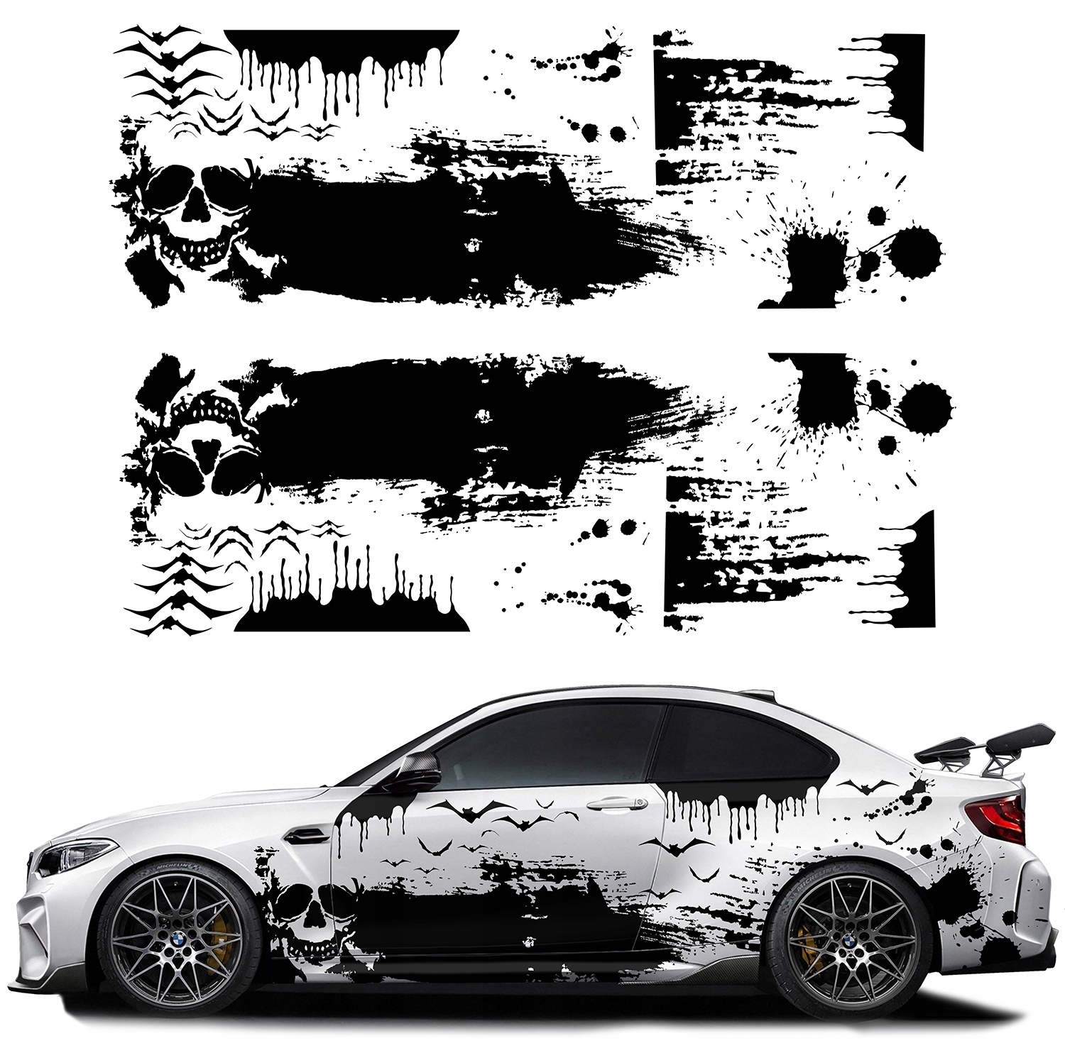 Samolepka Grafika na auto Motiv Lebka Skull Zacieki Netopýři 94x535