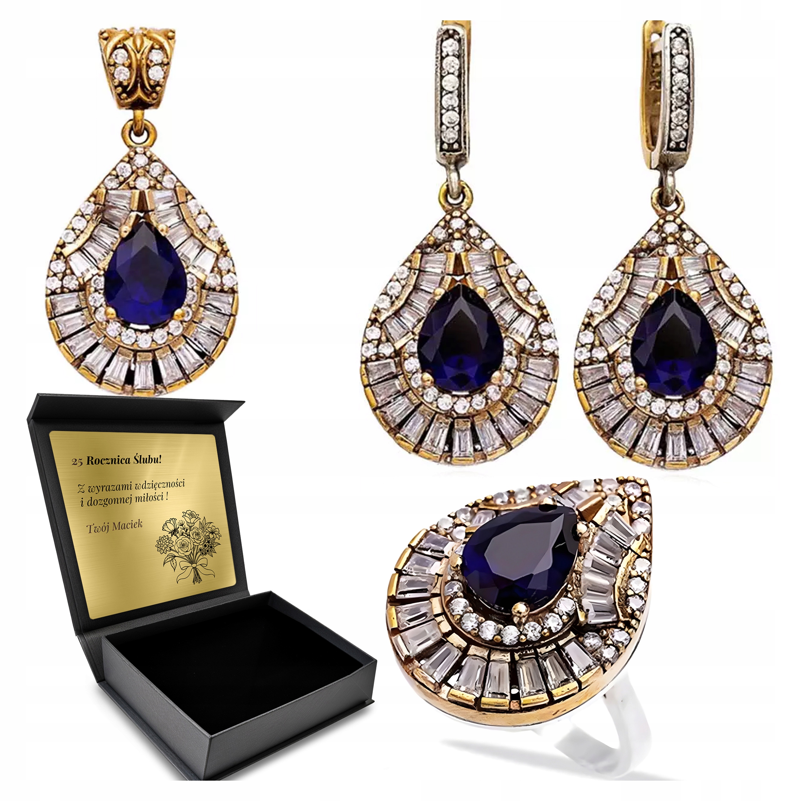 Komplet Stříbrných Šperků 925 Zirkony Safír Dárek pro ženu Gravírování