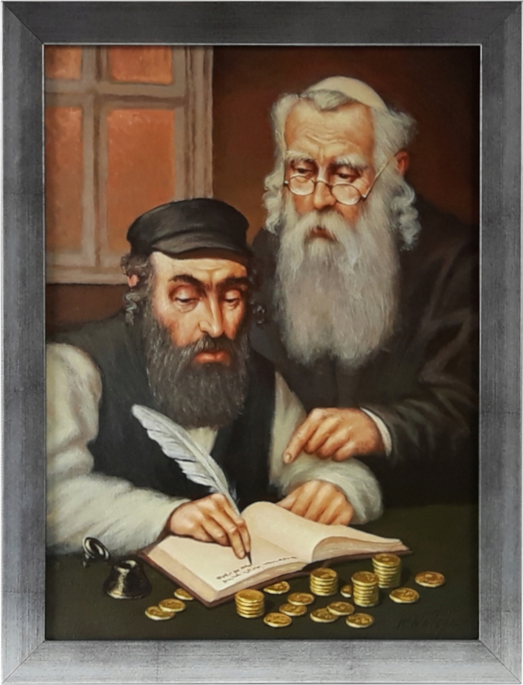 OBRAZ 45x35 ŻYD LICZĄCY PIENIĄDZE SREBRNA RAMA