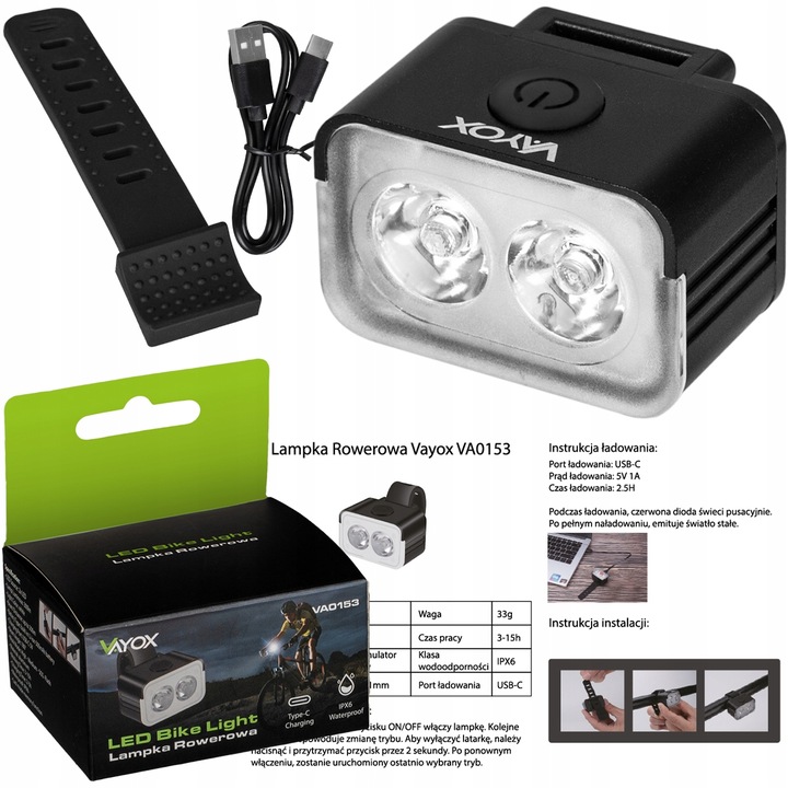 LAMPKA ROWEROWA PRZÓD NA KIEROWNICE ŚWIATŁO LED OŚWIETLENIE ROWER USB VAYOX Liczba trybów świecenia 5