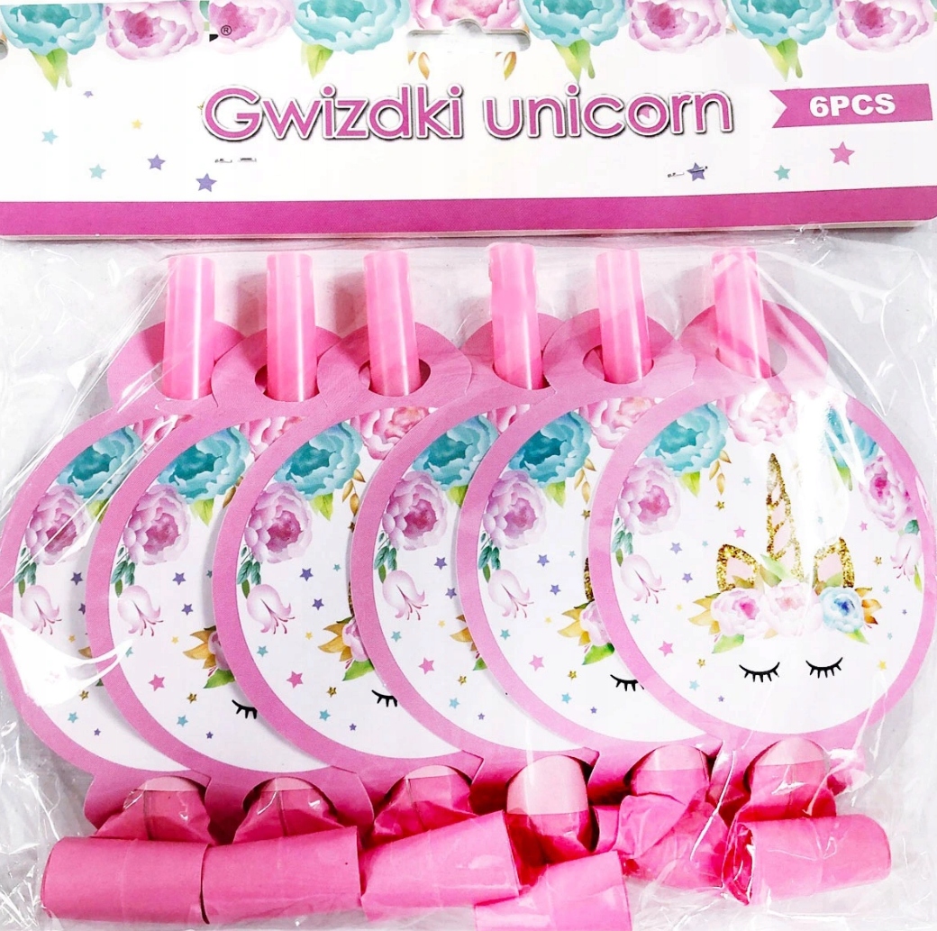 Trąbki Gwizdki Rozwijane JEDNOROŻEC Unicorn Urodziny Party 6szt.