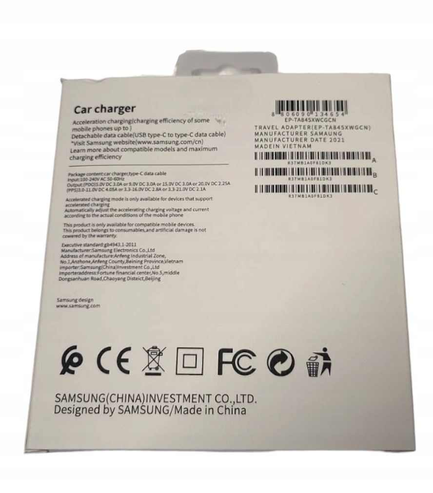 Oryginalna Ładowarka Samochodowa SAMSUNG 25w USB-C Kod producenta Oryginalna ładowarka Samsung PREMIUM