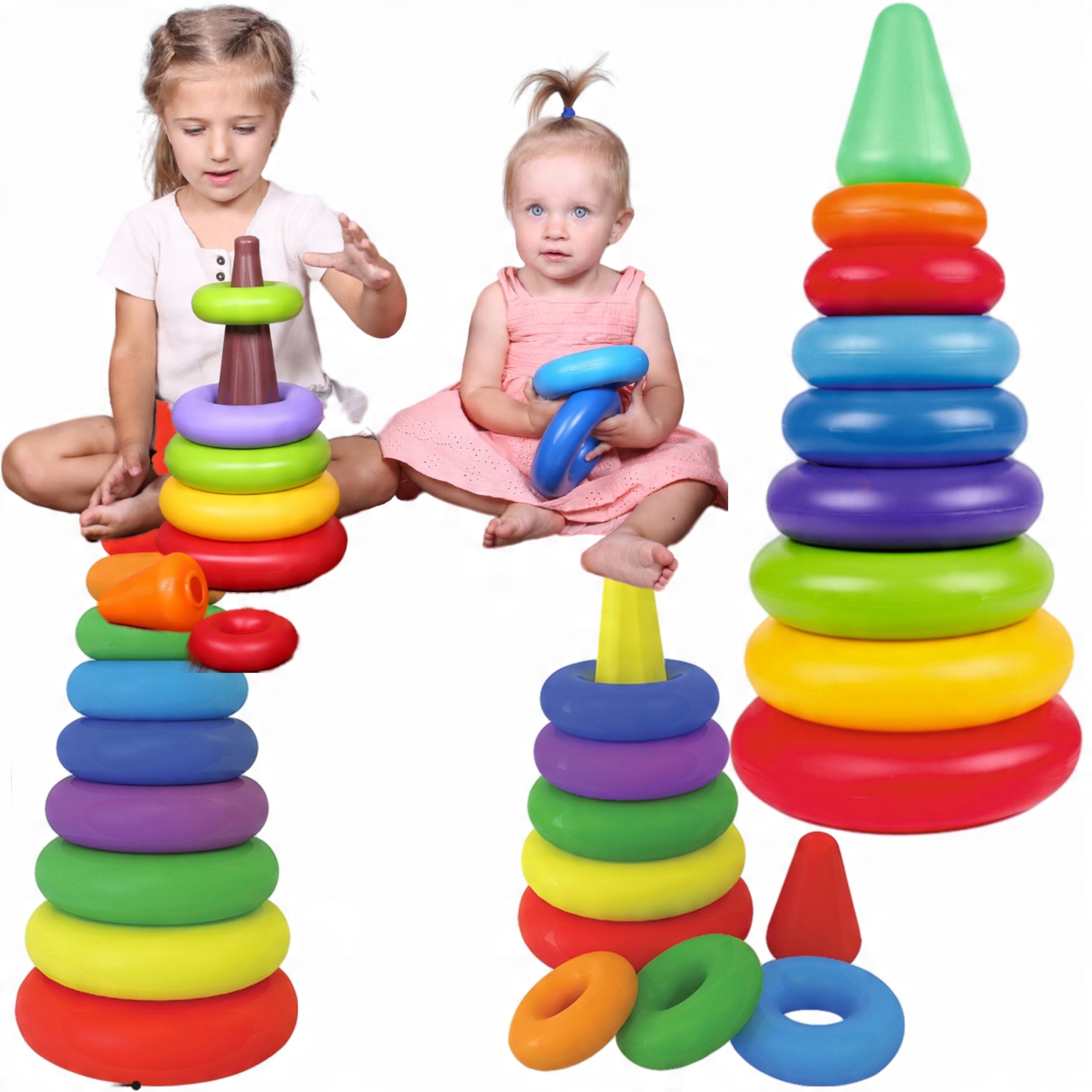 

Duża43 cm kolorowa Piramida sorter kółka układanka